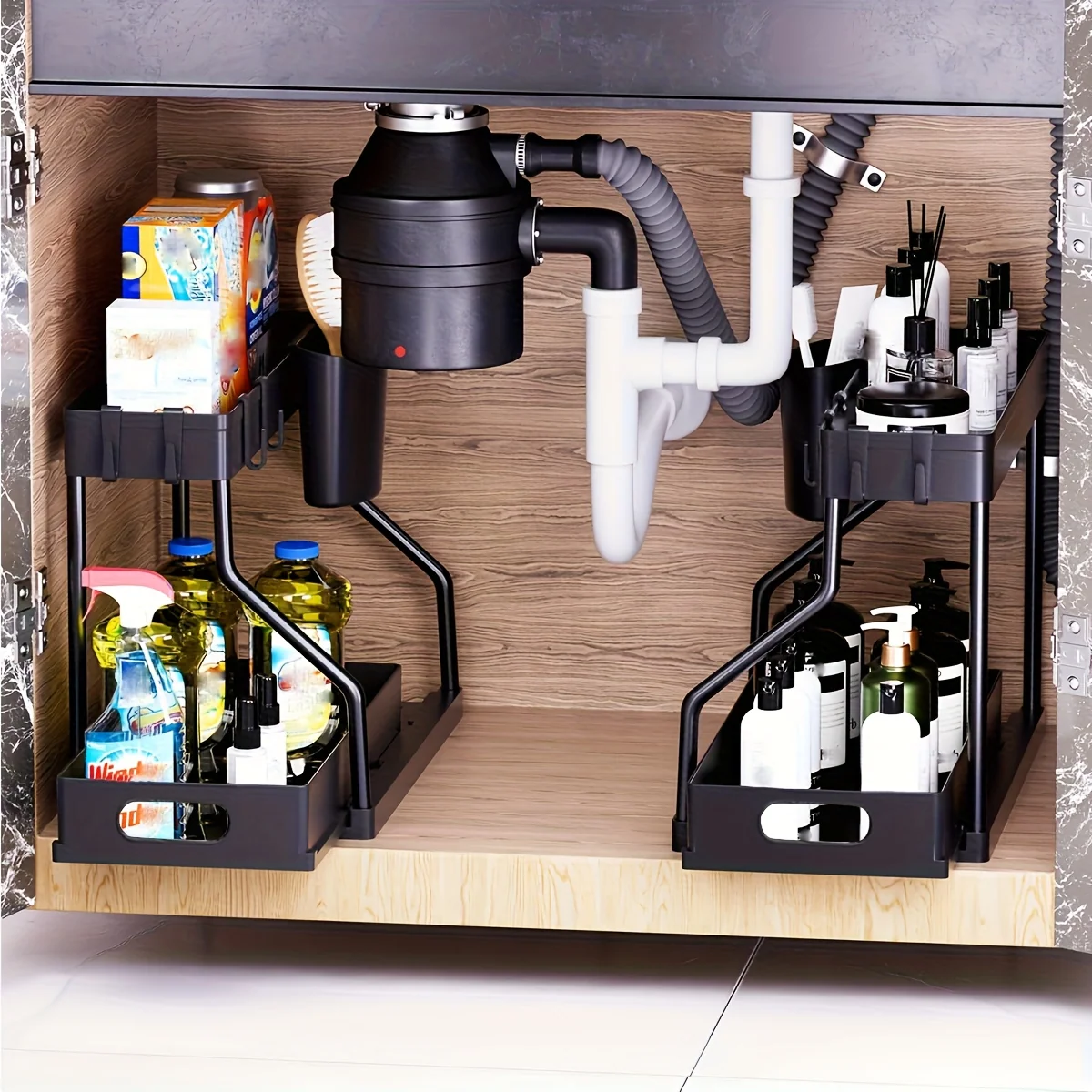 Under sink organizer with sliding shelves for bathroom or kitchen storage
