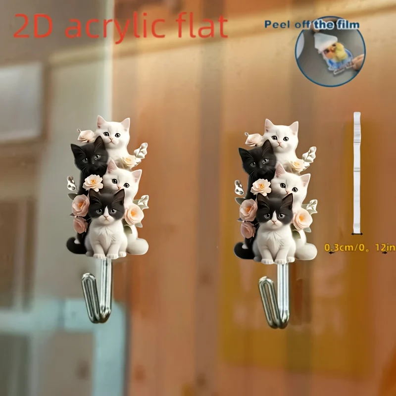 Cat-shaped self-adhesive wall hooks pack of 2