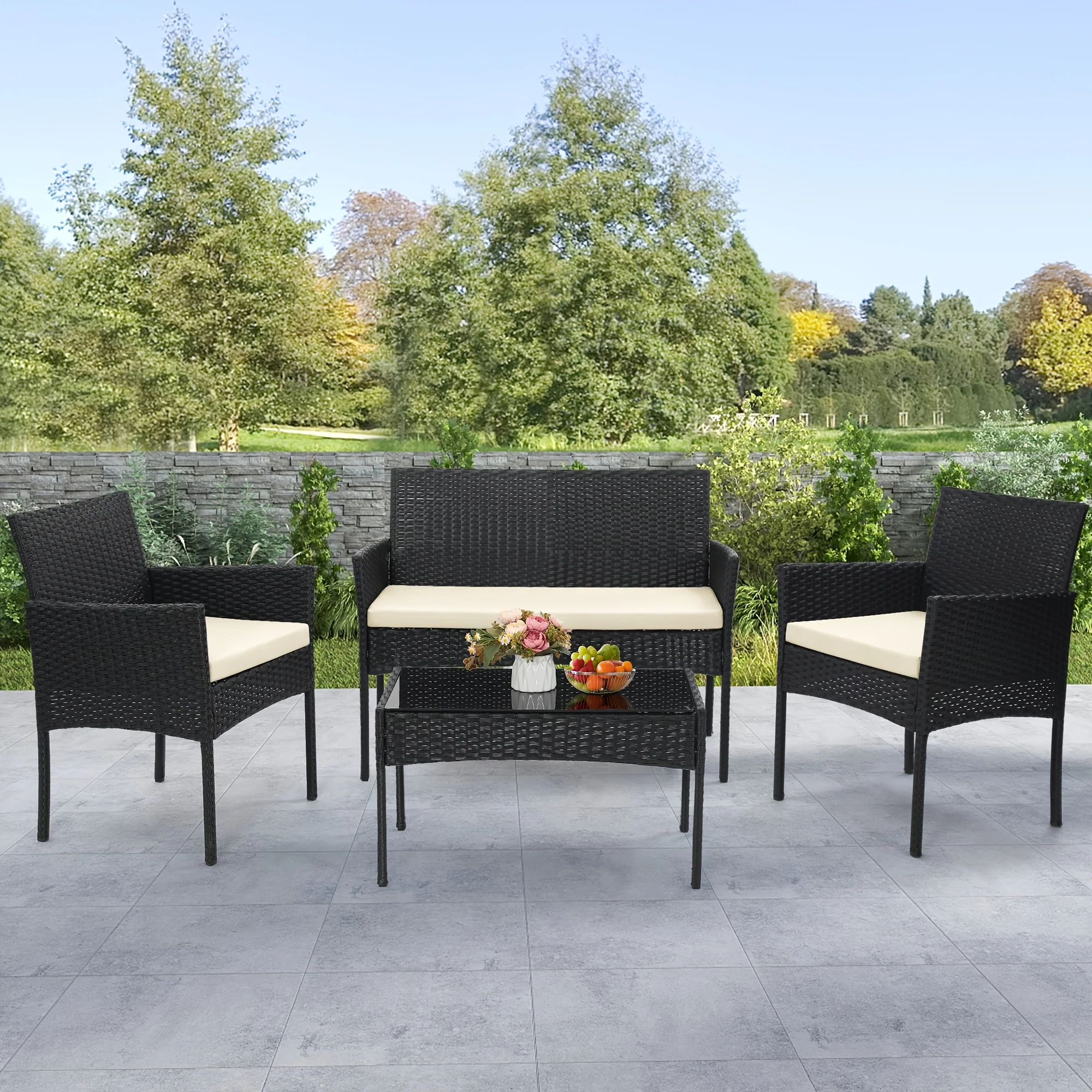 Premium outdoor bistro conversation set with 2 chairs, loveseat, and glass-top coffee table