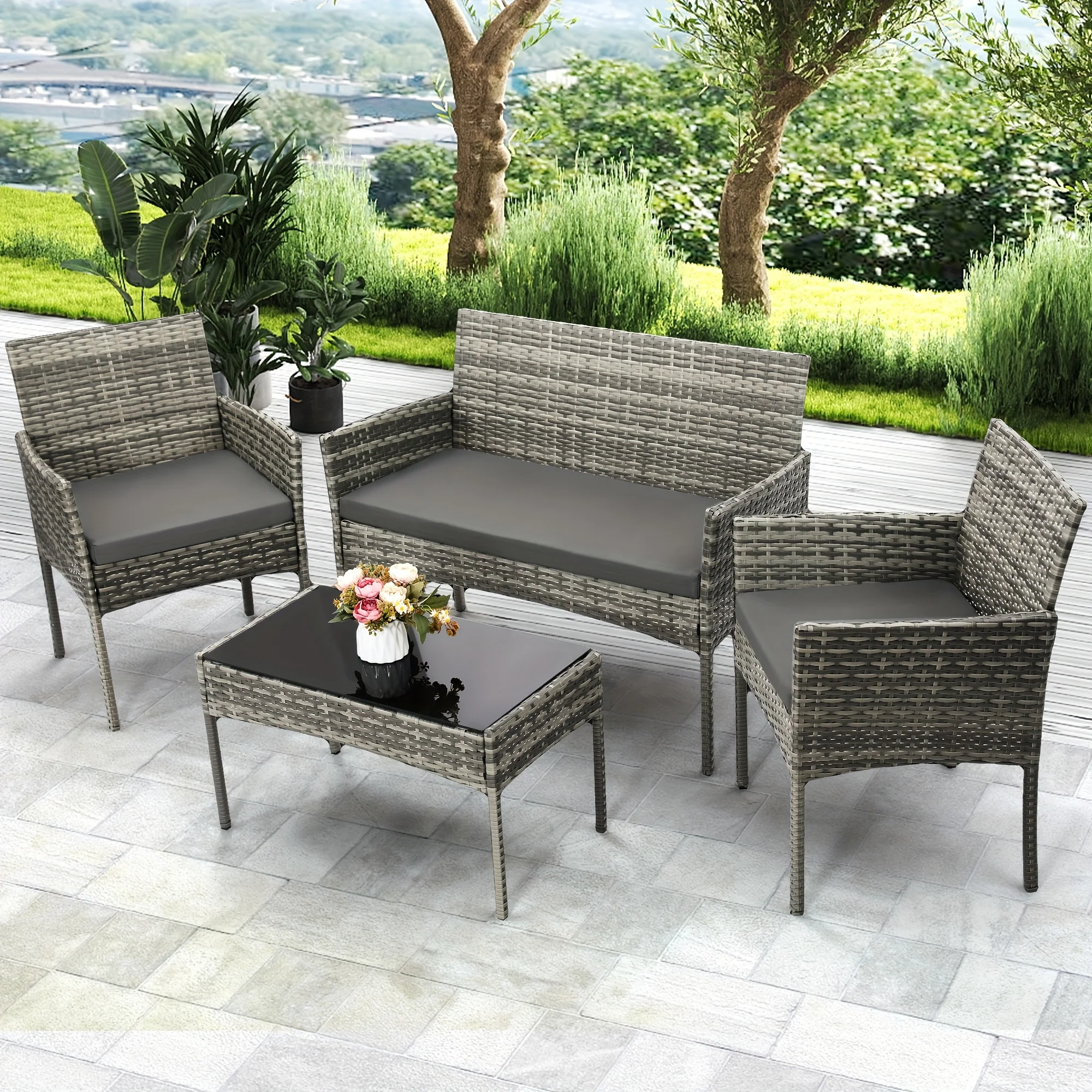 Premium outdoor bistro conversation set with 2 chairs, loveseat, and glass-top coffee table