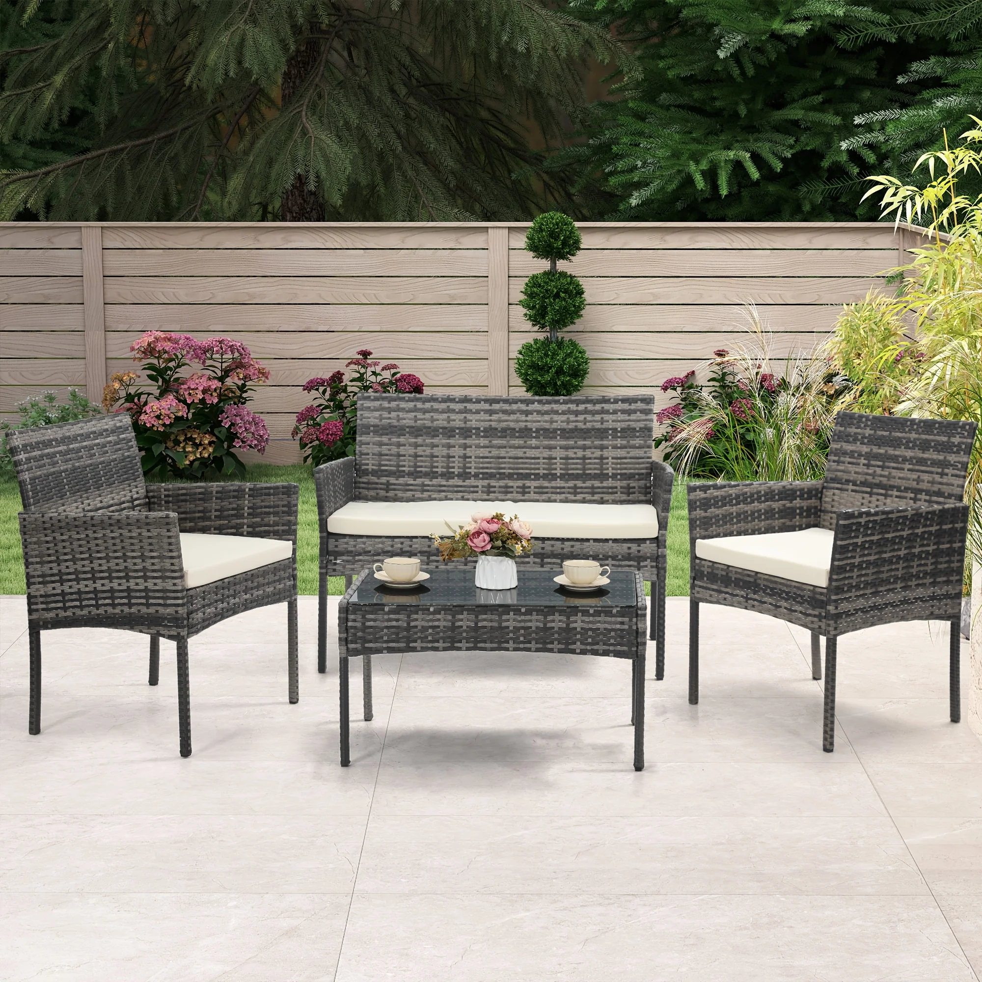 4-Piece Wicker Bistro Set with Water-Resistant Cushioned Chairs, Coffee Table, and Loveseat – Ideal for Outdoor Dining