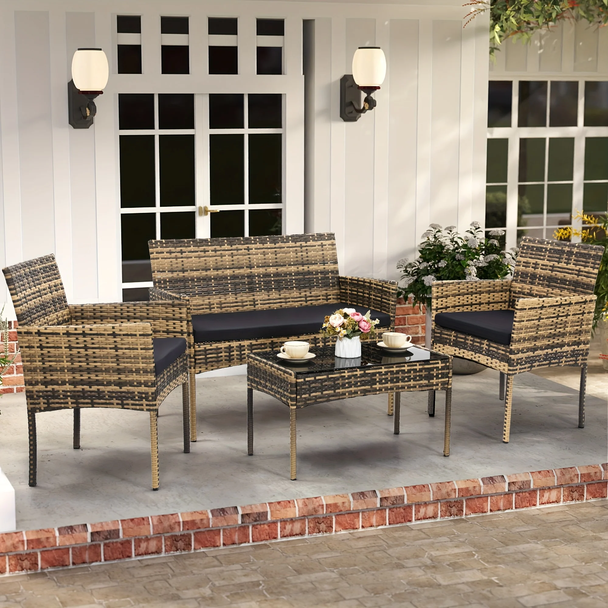 4-Piece Wicker Bistro Set with Water-Resistant Cushioned Chairs, Coffee Table, and Loveseat – Ideal for Outdoor Dining