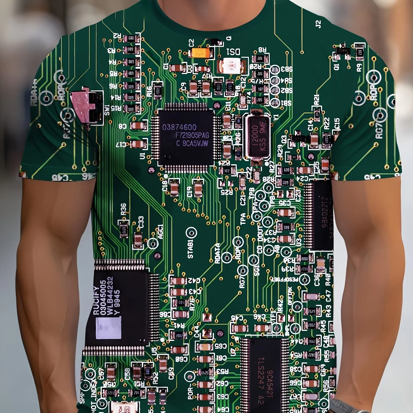 Men's Short Sleeve Green T-Shirt with 3D Circuit Board Print