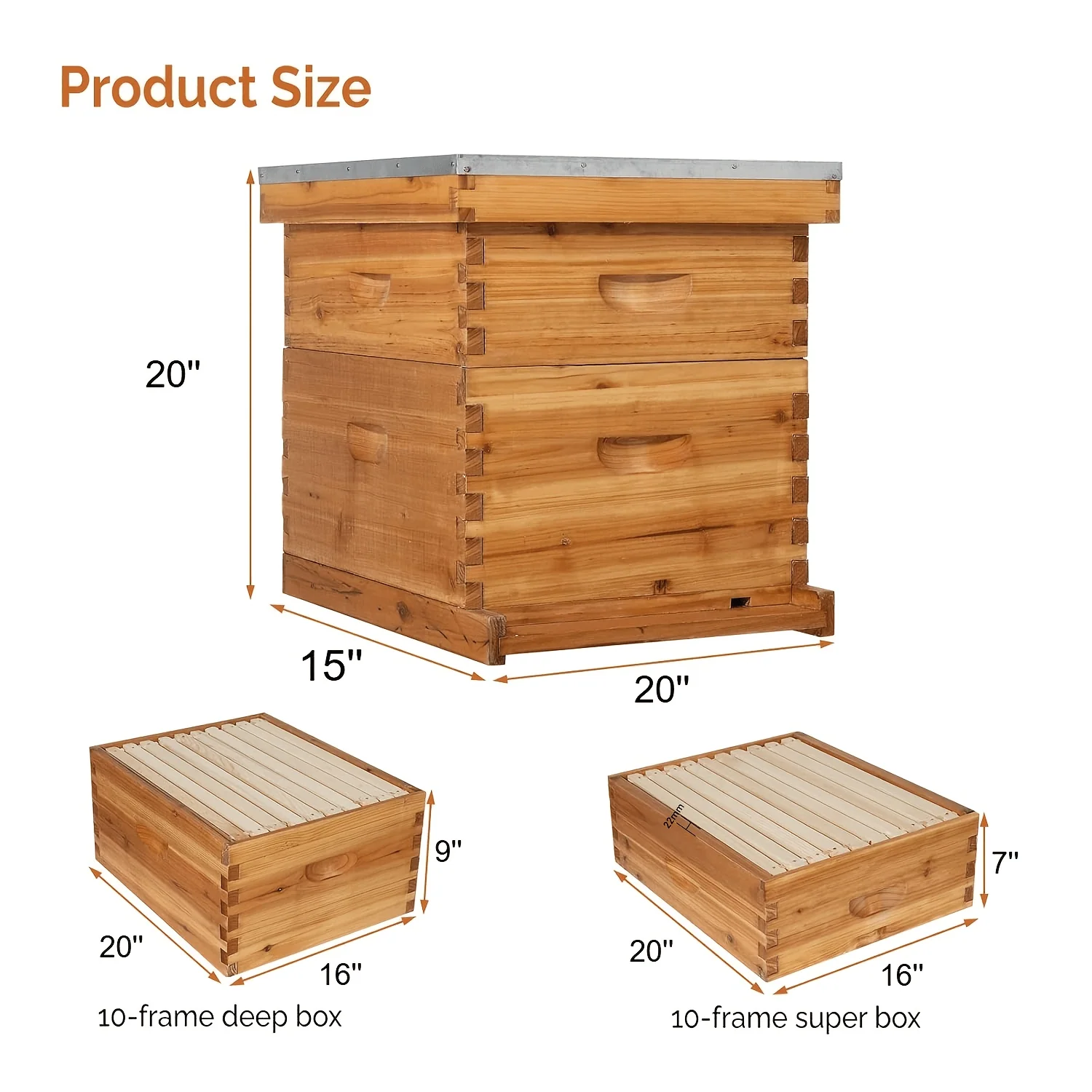 Wax-coated wooden beehive starter kit with removable frames and beeswax foundation