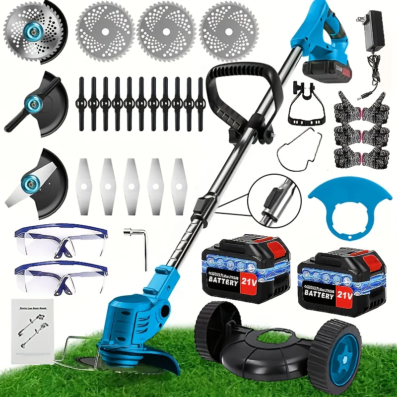 21V cordless multi-function electric lawn mower with two lithium batteries and triple blade set
