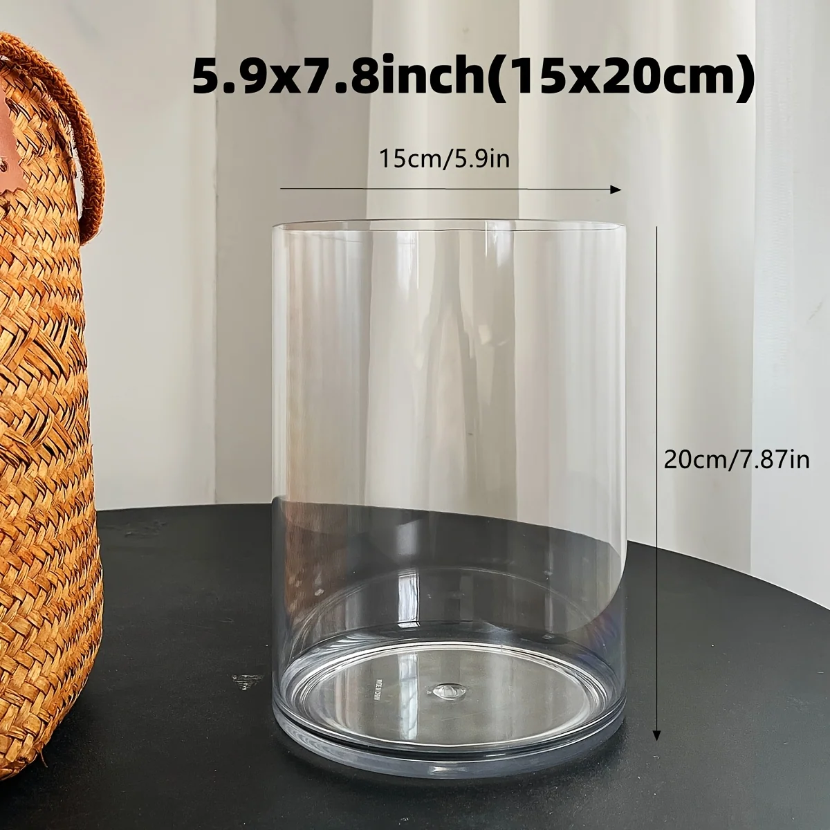 Transparent acrylic tabletop vase with wide 5.9-inch mouth in multiple sizes
