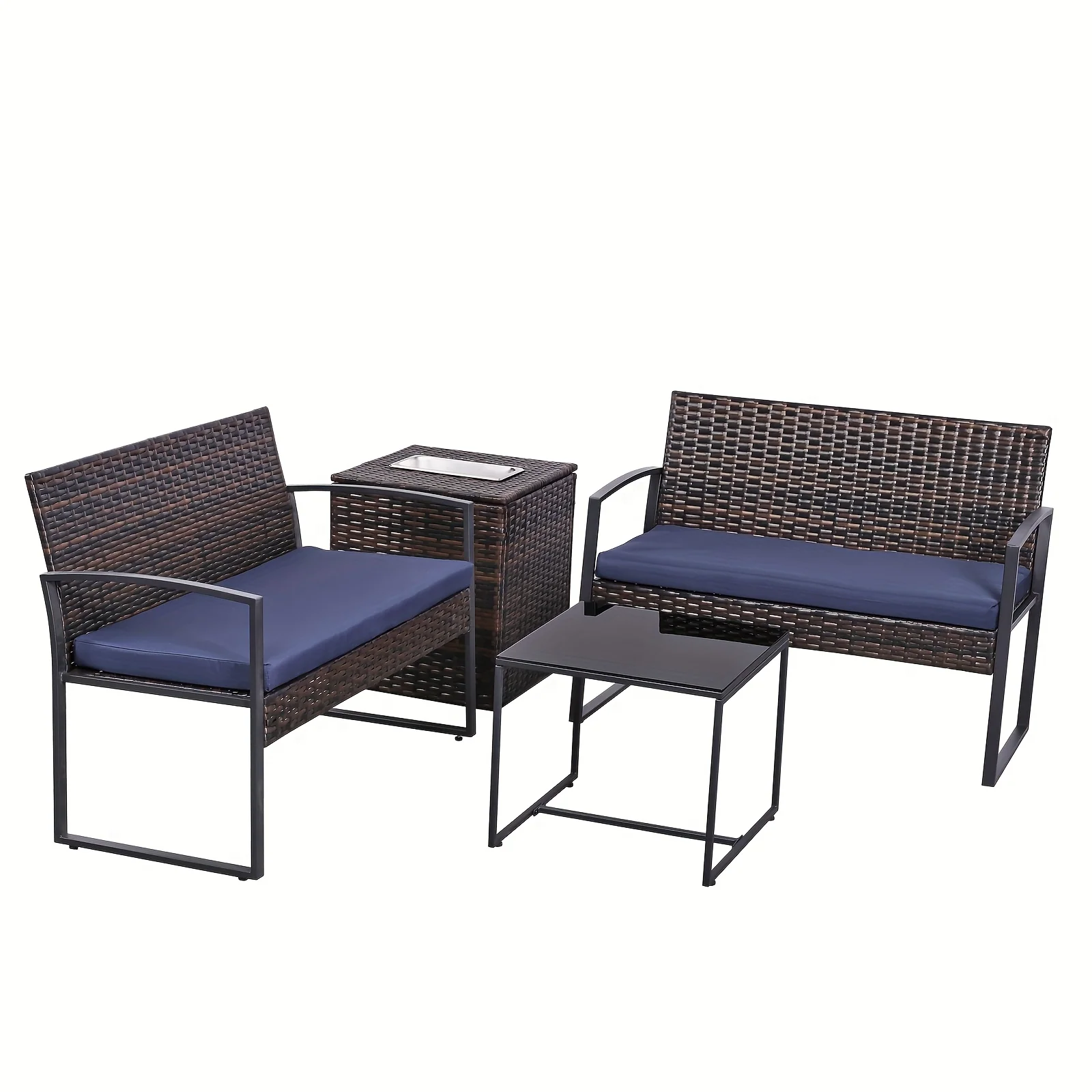 4-piece wicker patio furniture set with loveseat, coffee table and storage