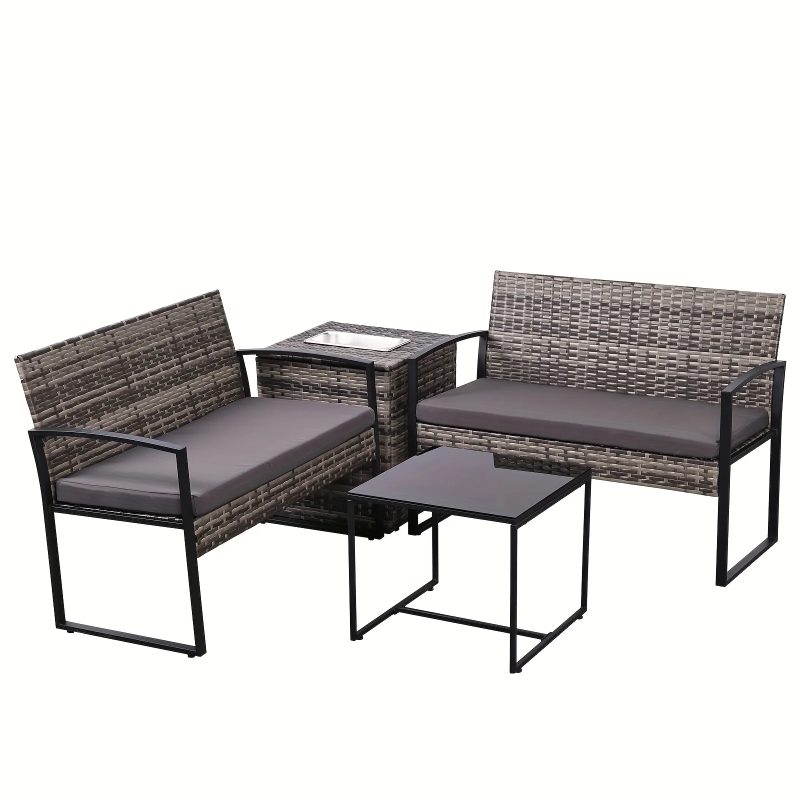 4-piece wicker patio furniture set with loveseat, coffee table and storage