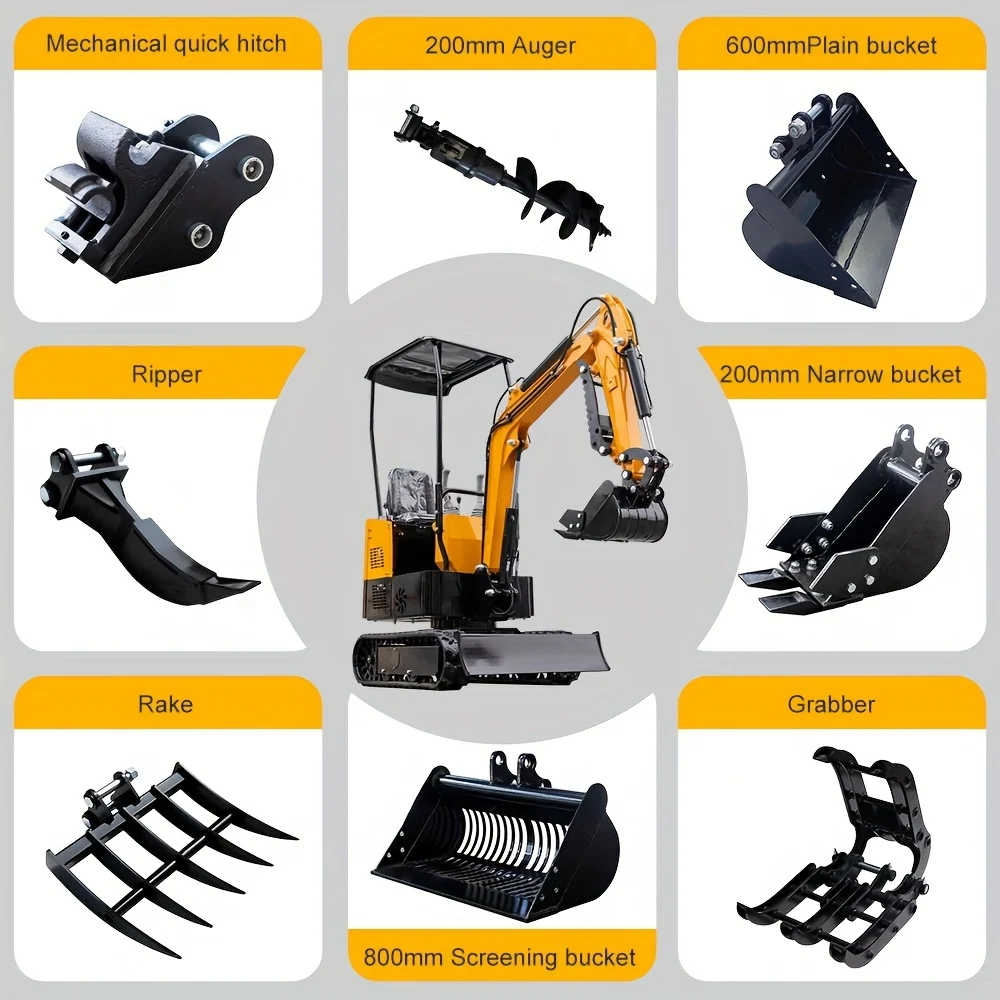 8-piece mini excavator attachment kit with quick hitch and various tools