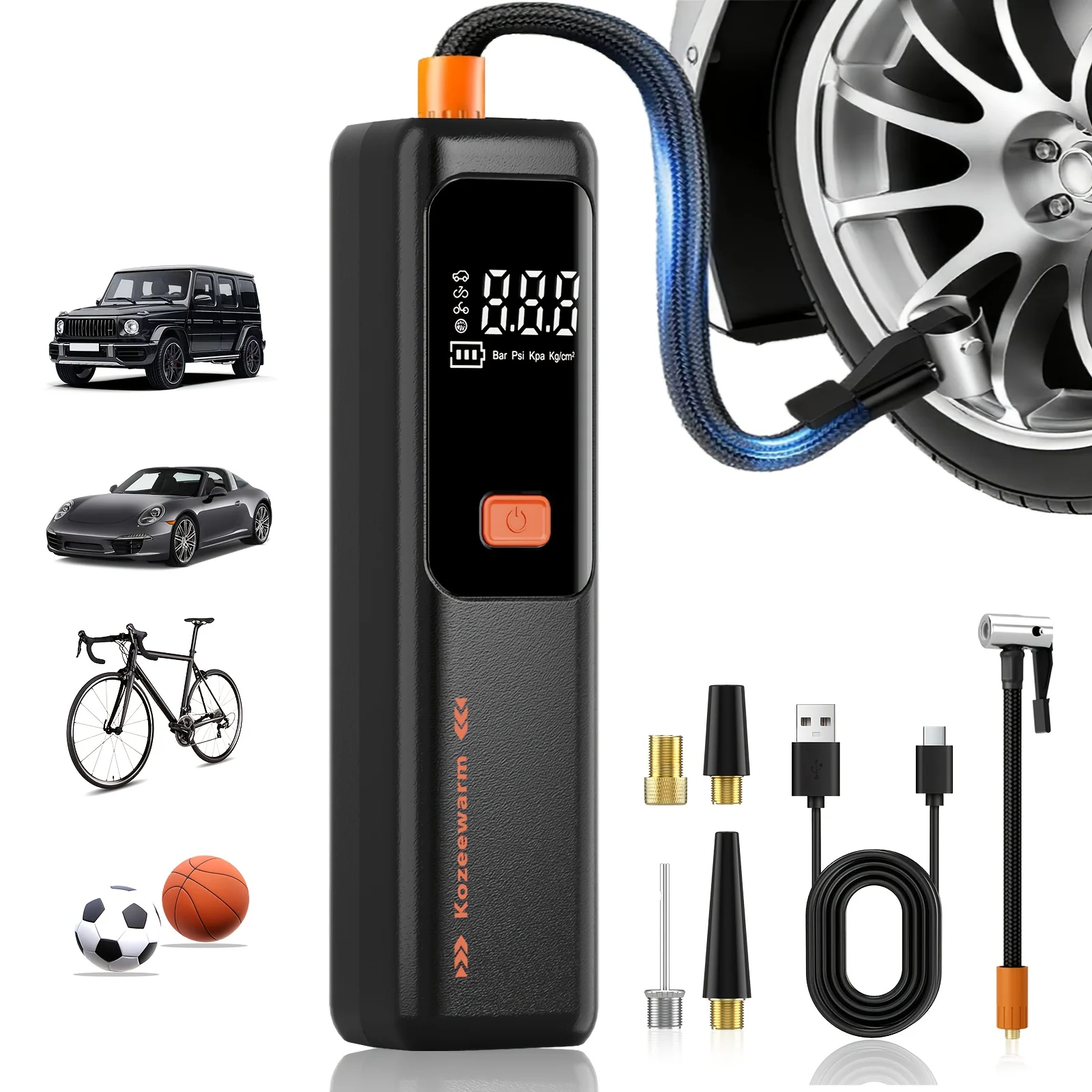 Portable air compressor and tire inflator for cars, bicycles, motorcycles, and sports equipment