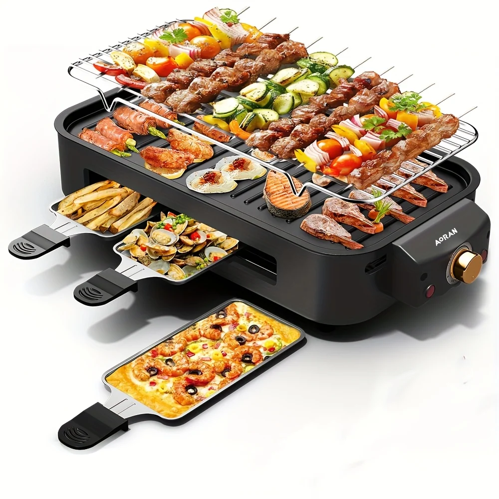 Electric grill with detachable pan and adjustable temperature for home cooking