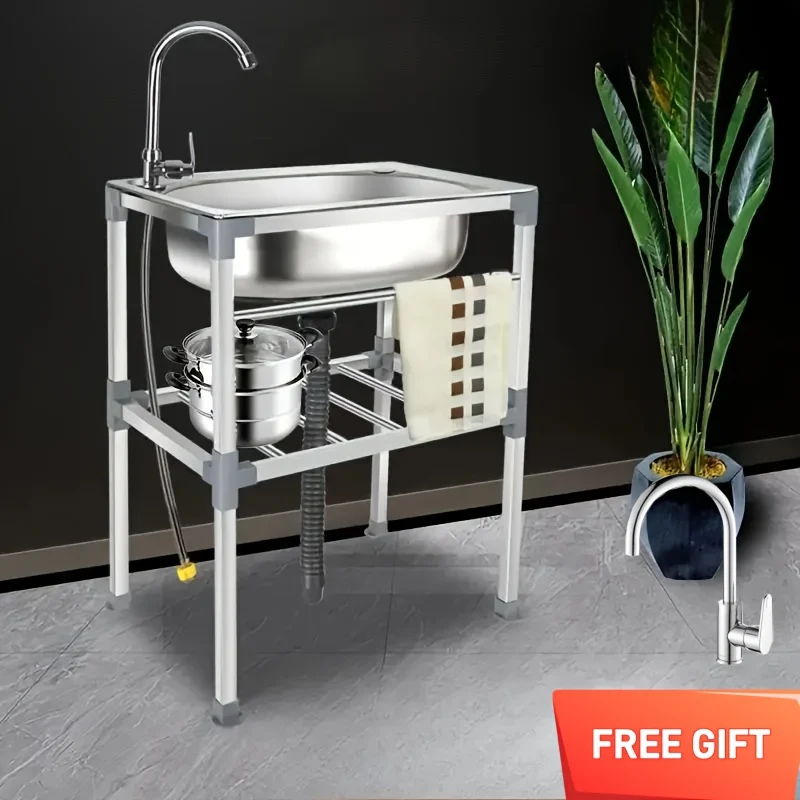 Freestanding 19-Inch Single-Bowl Stainless Steel Utility Sink with Hot and Cold Faucet – Metallic Gray