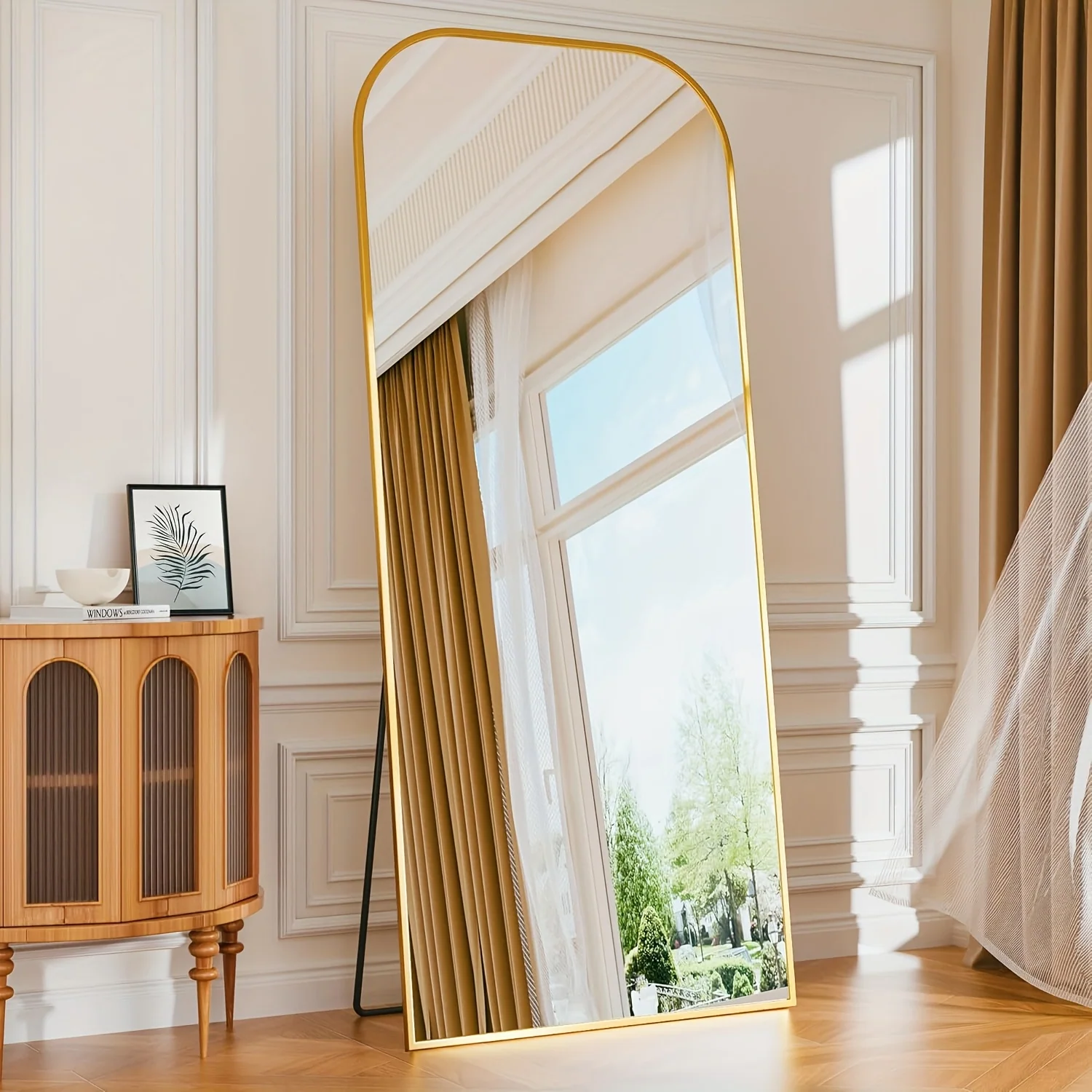 Arched freestanding full-length floor mirror with stand