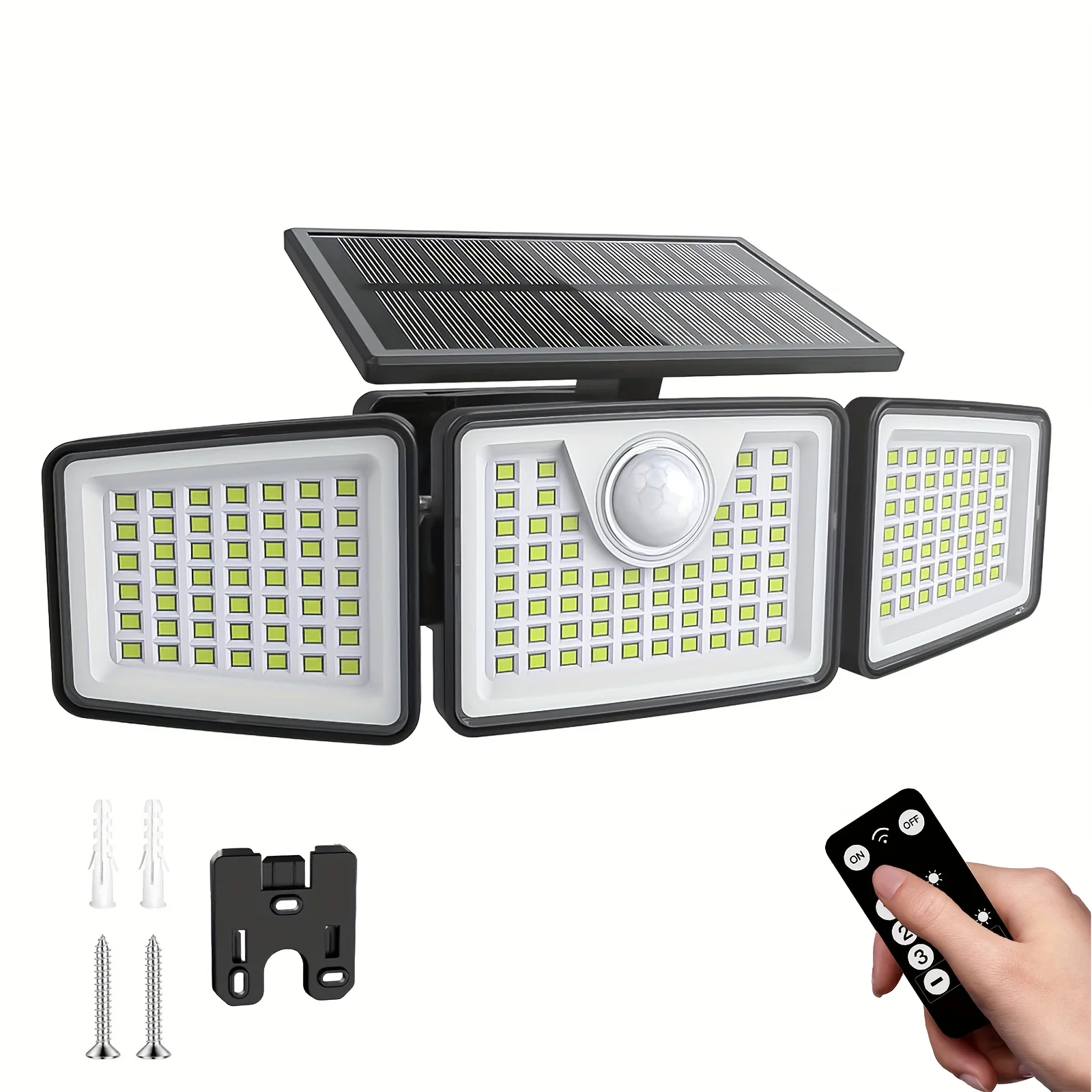 3-Head Solar Outdoor Security Light with Motion Sensor and Remote Control