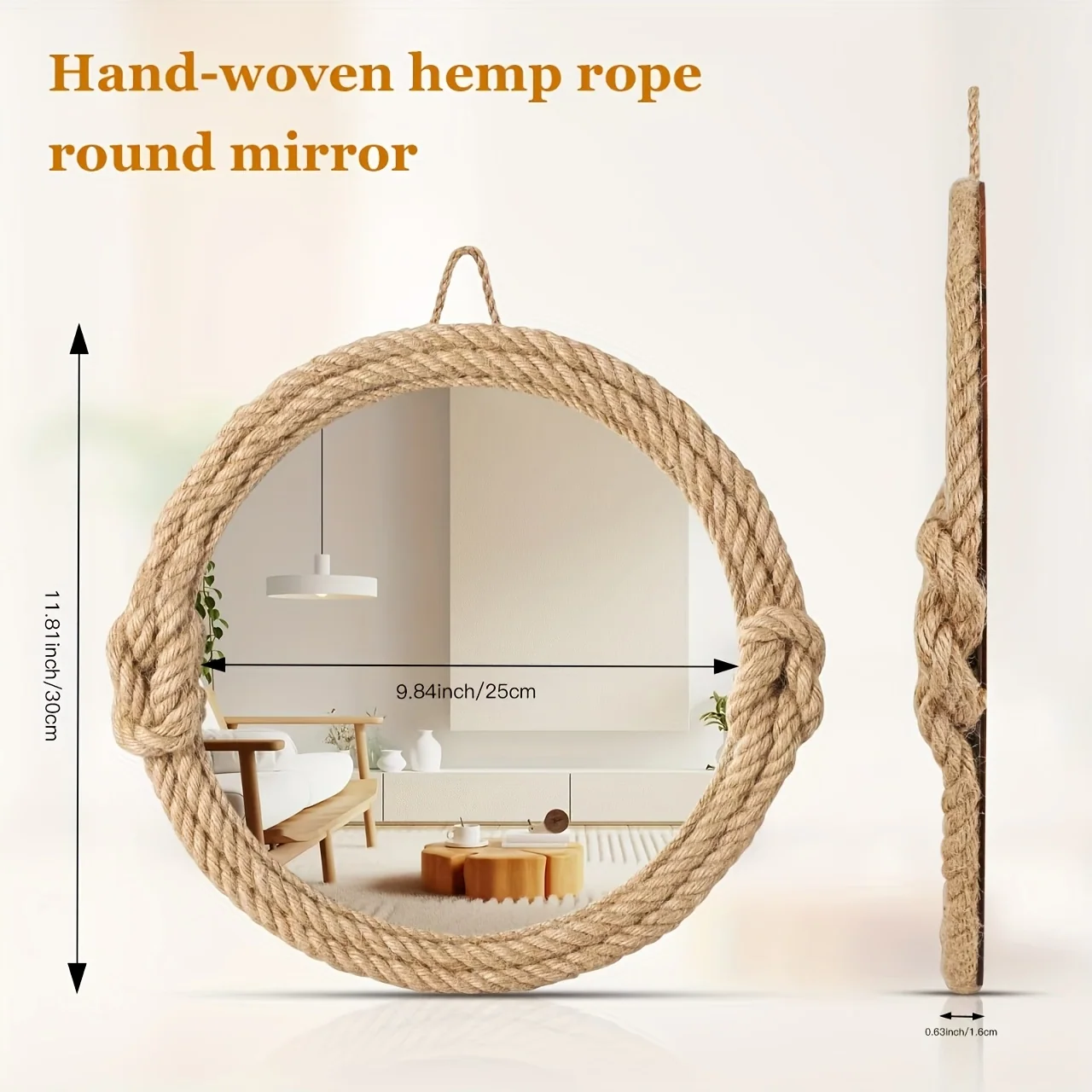 Circular nautical wall mirror with hemp rope frame