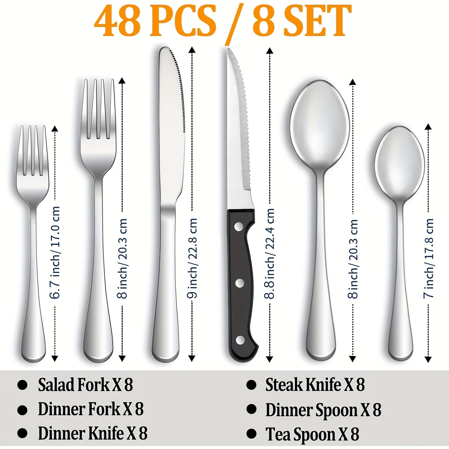 48-piece stainless steel flatware set with steak knives