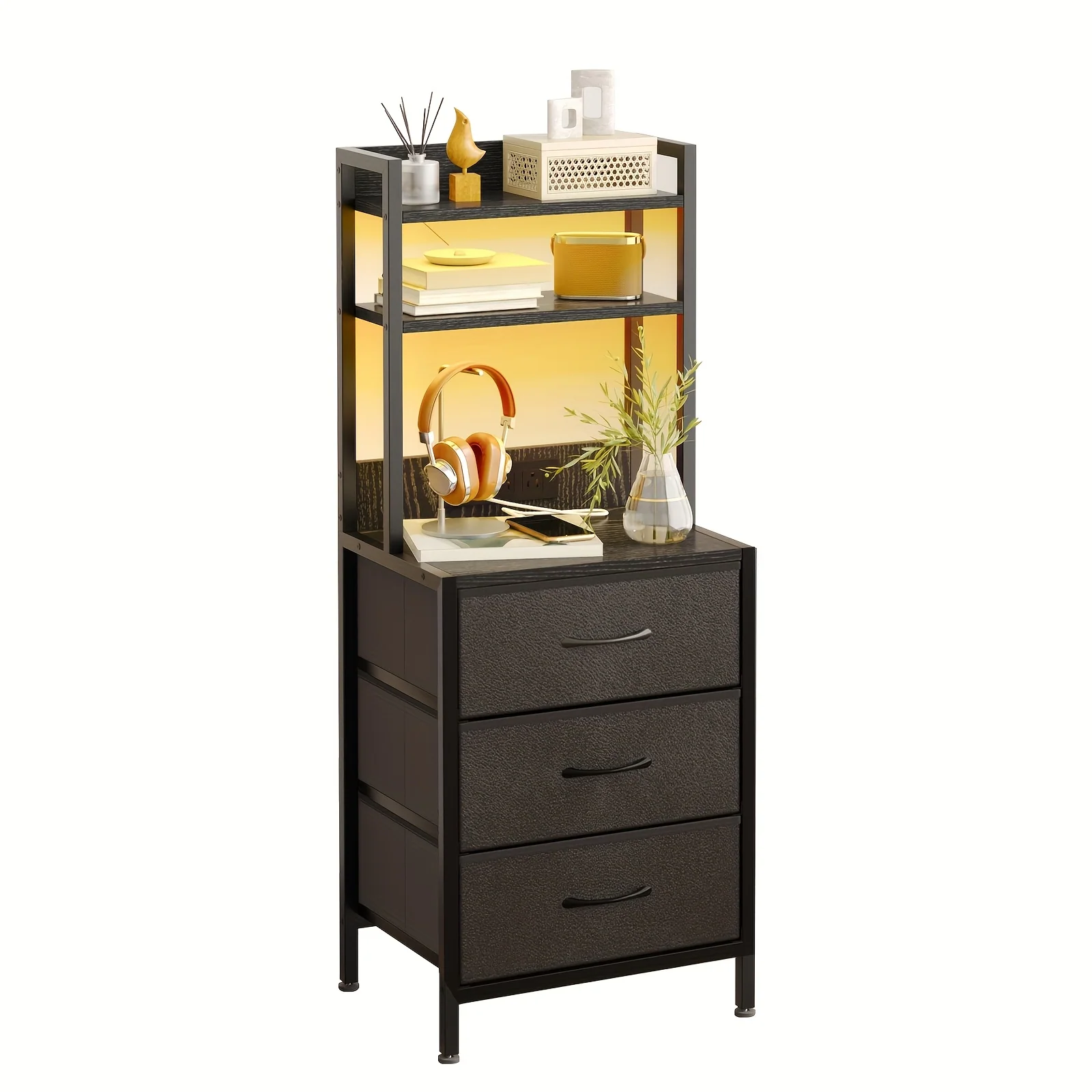 41 inch LED nightstand with USB ports and power outlets 3 drawer PU fabric storage