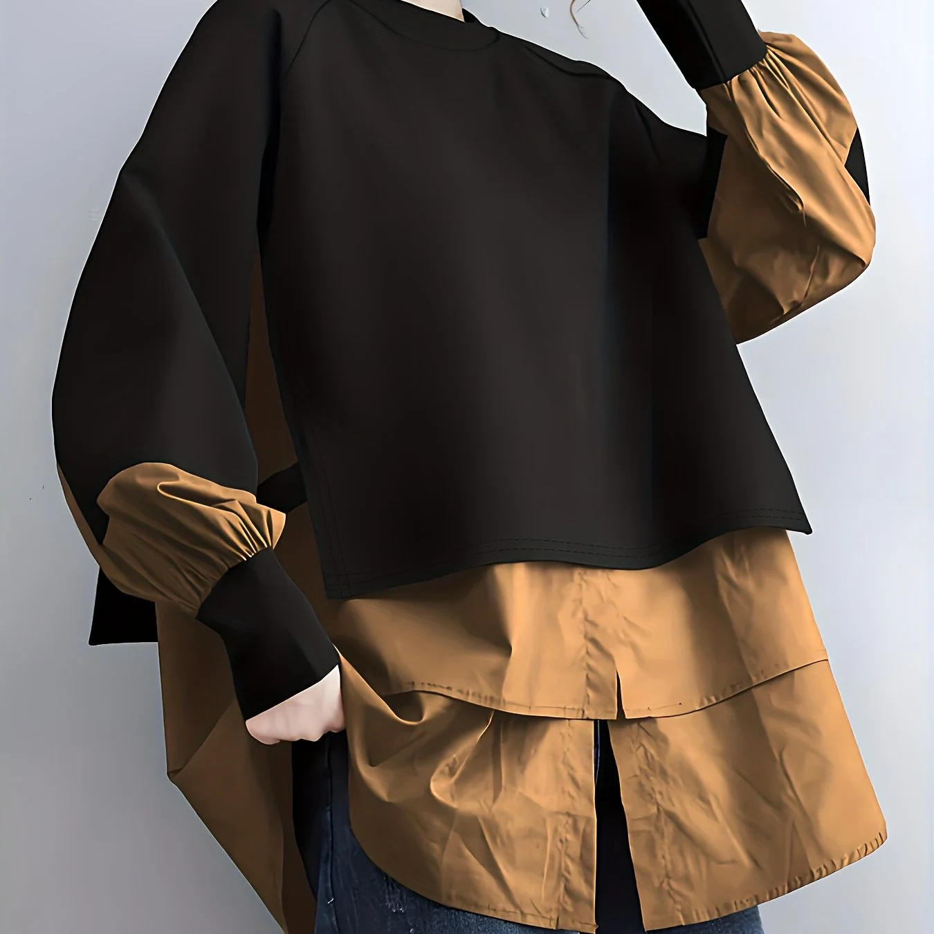 Plus-size patchwork long-sleeve sweatshirt with round neckline