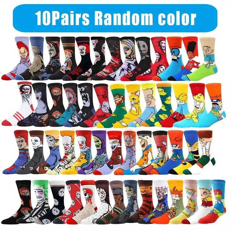 10-Pair Anime Crew Socks with Fun Designs