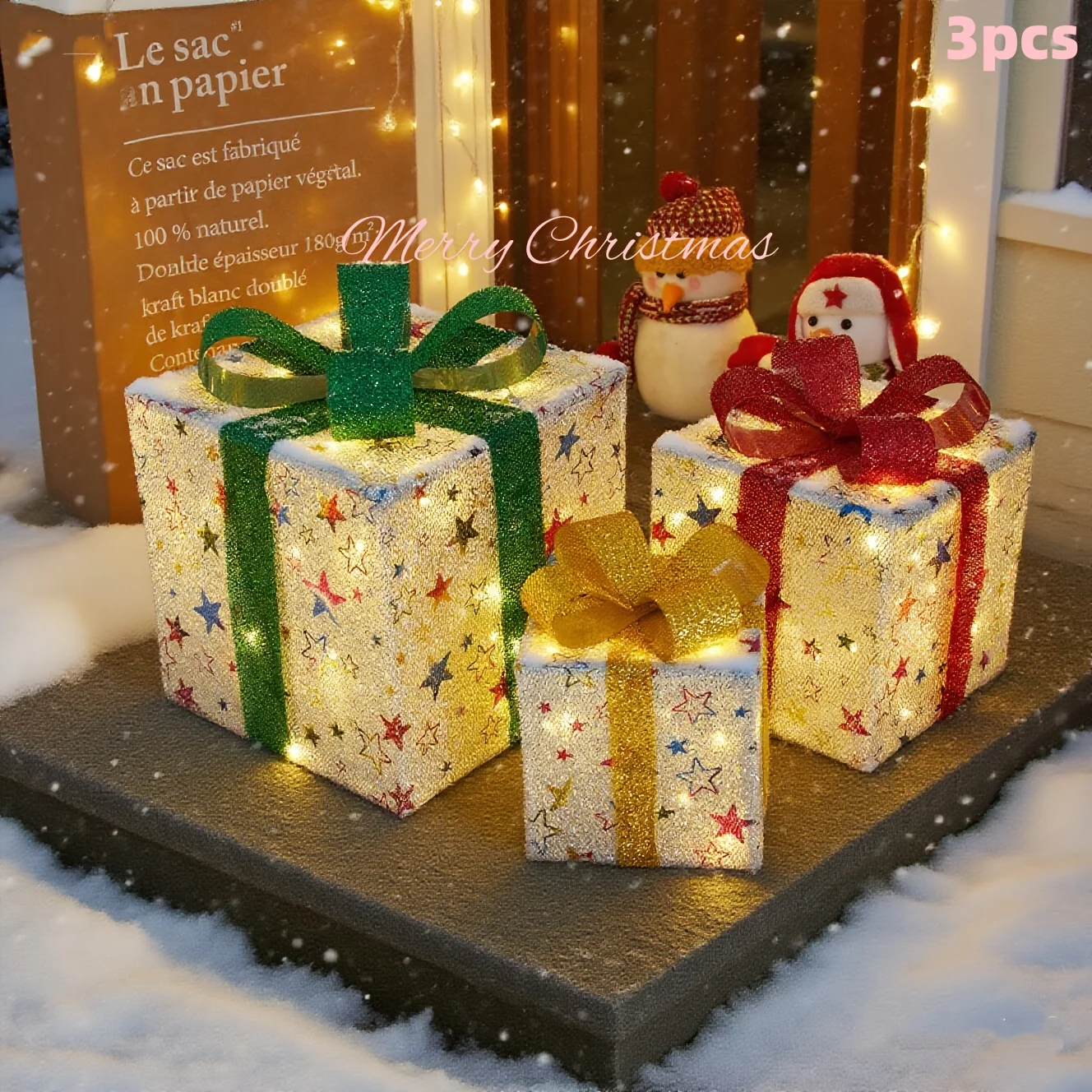 3-Piece Lighted Christmas Gift Box Set with Warm LED Lights and Snowy Ribbon Bows