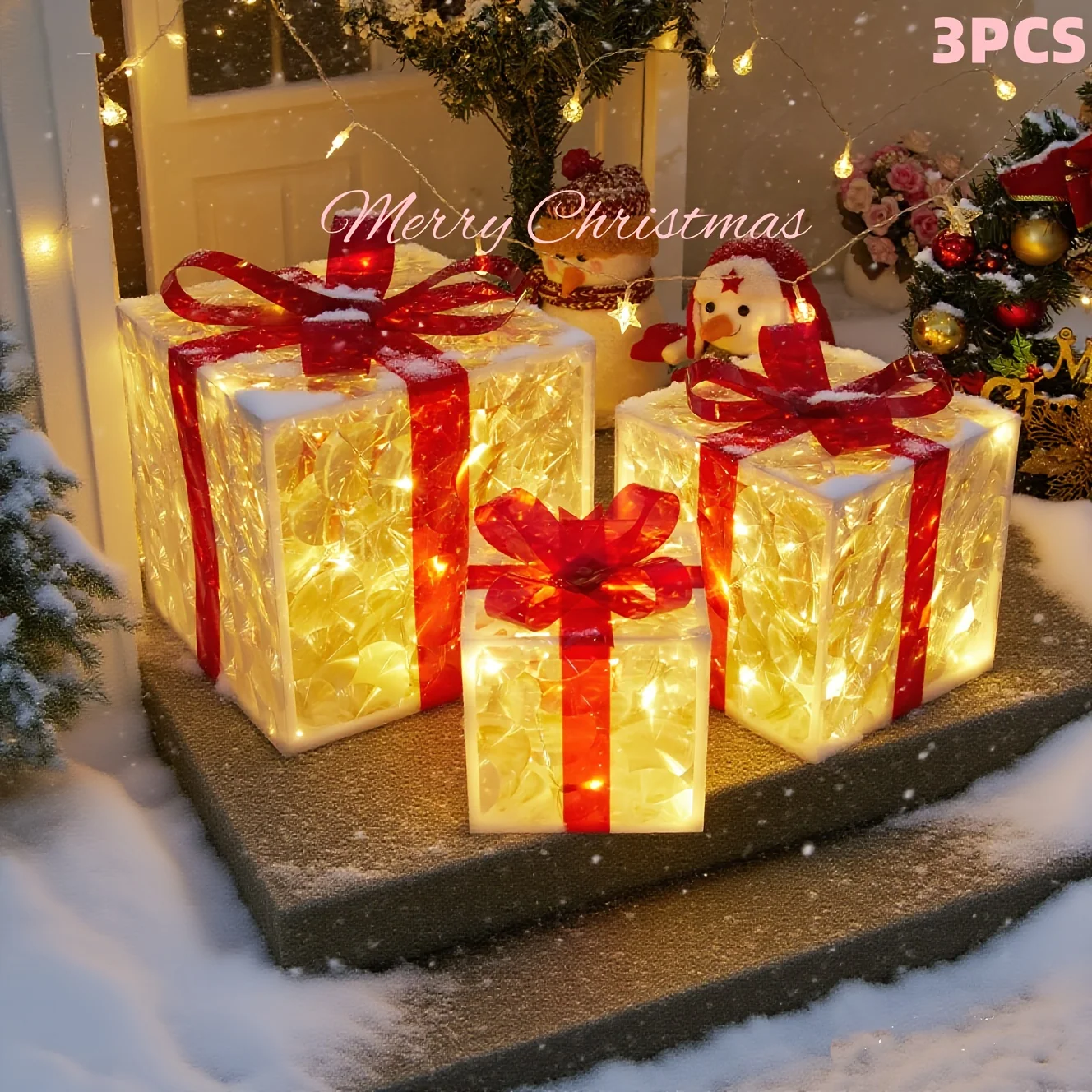 3-Piece Lighted Christmas Gift Box Set with Warm LED Lights and Snowy Ribbon Bows