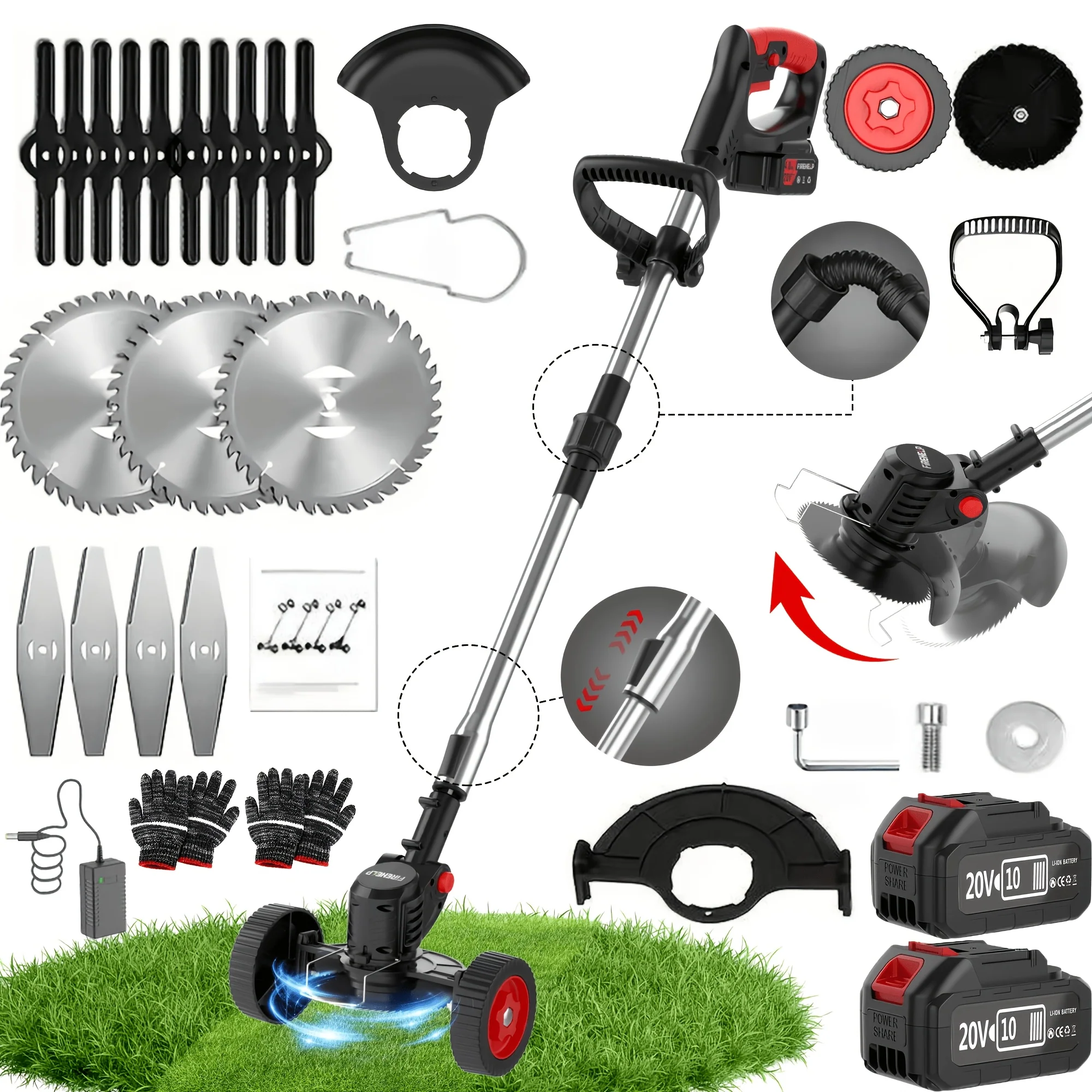Electric 3-in-1 lawn mower trimmer edger with 2 batteries adjustable height