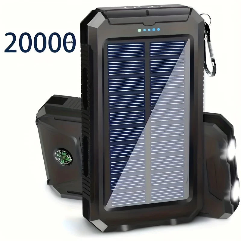 20,000mAh solar power bank with dual USB ports and flashlight