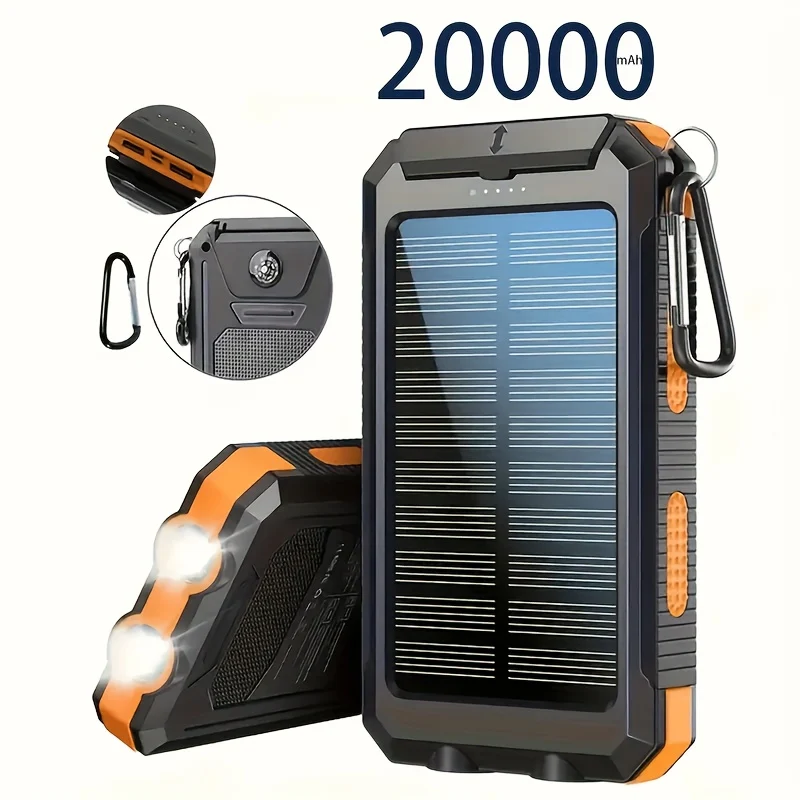 20,000mAh solar power bank with dual USB ports and flashlight