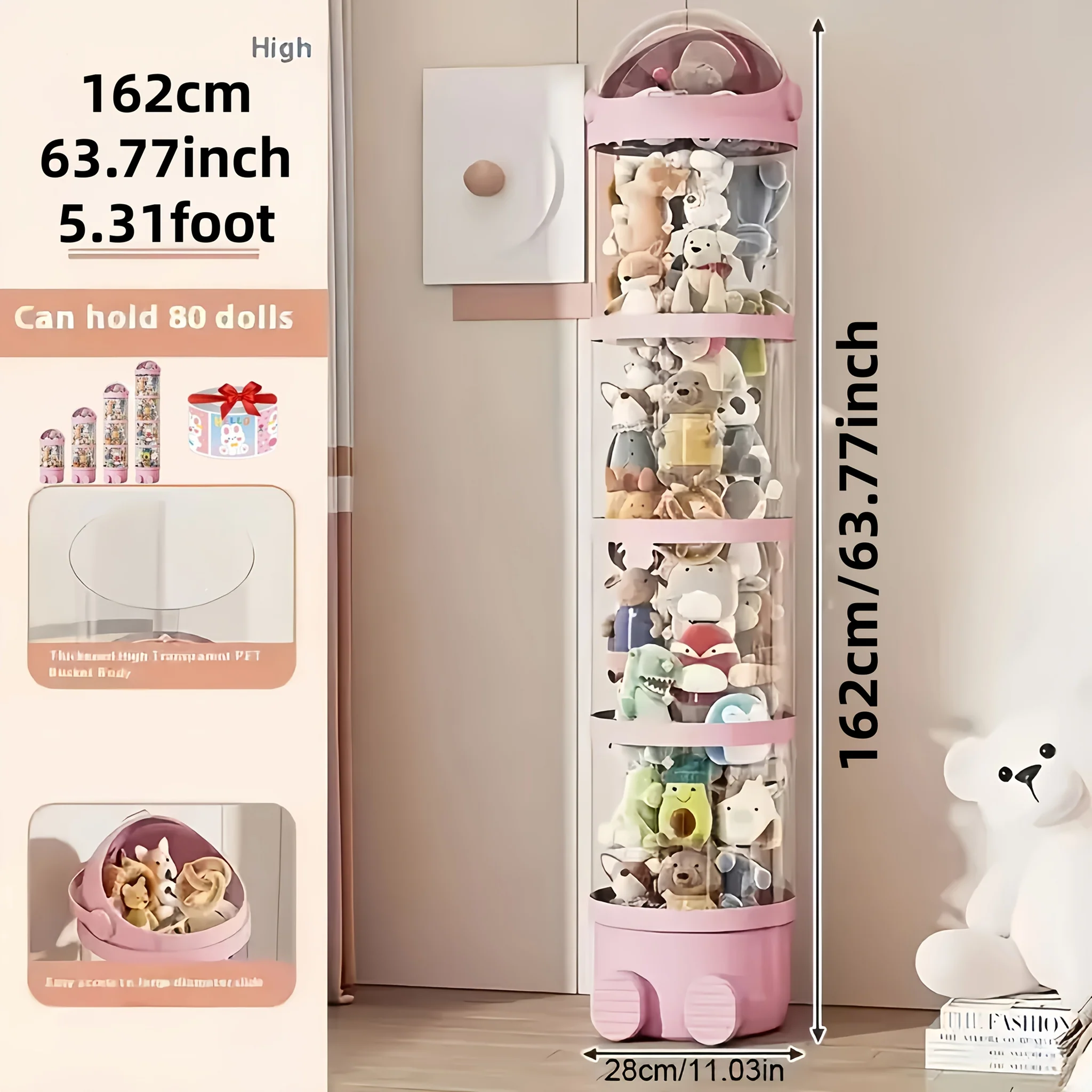 Four-tier clear plastic storage bin with plush animal house for plush toys
