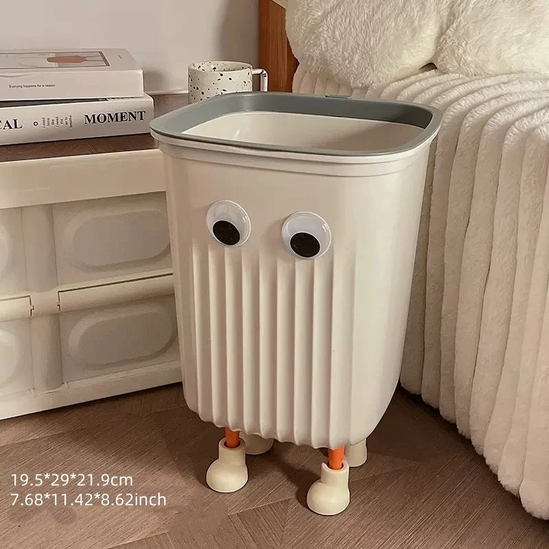 Whimsical plastic trash can with open-top and playful eyes design