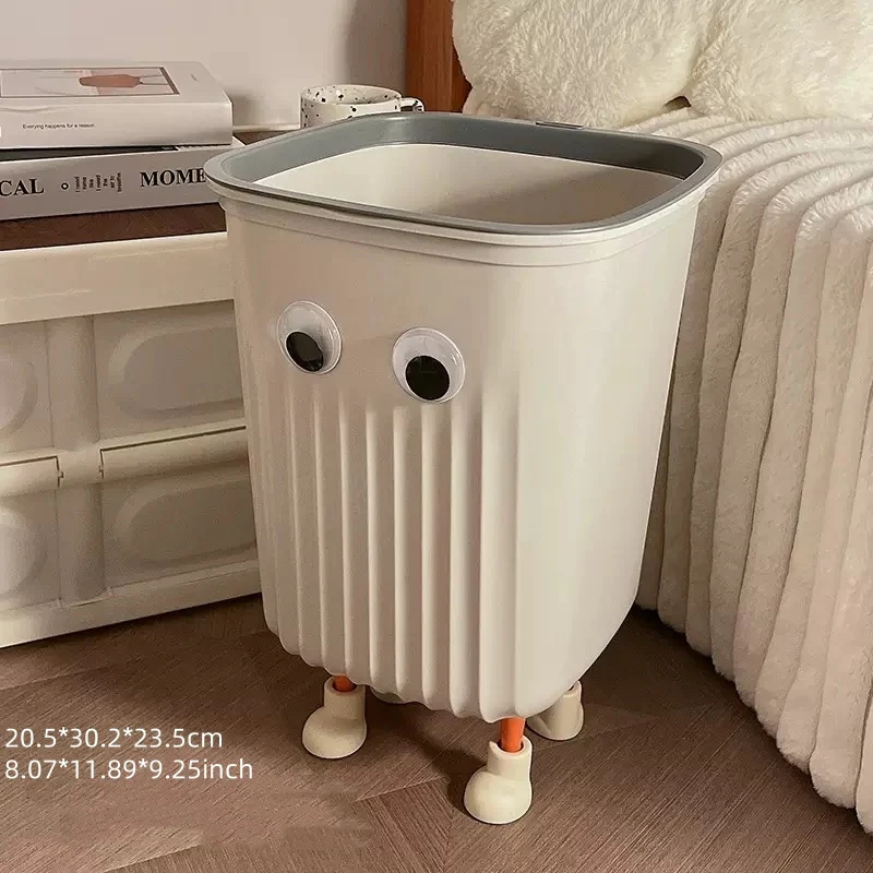 Whimsical plastic trash can with open-top and playful eyes design
