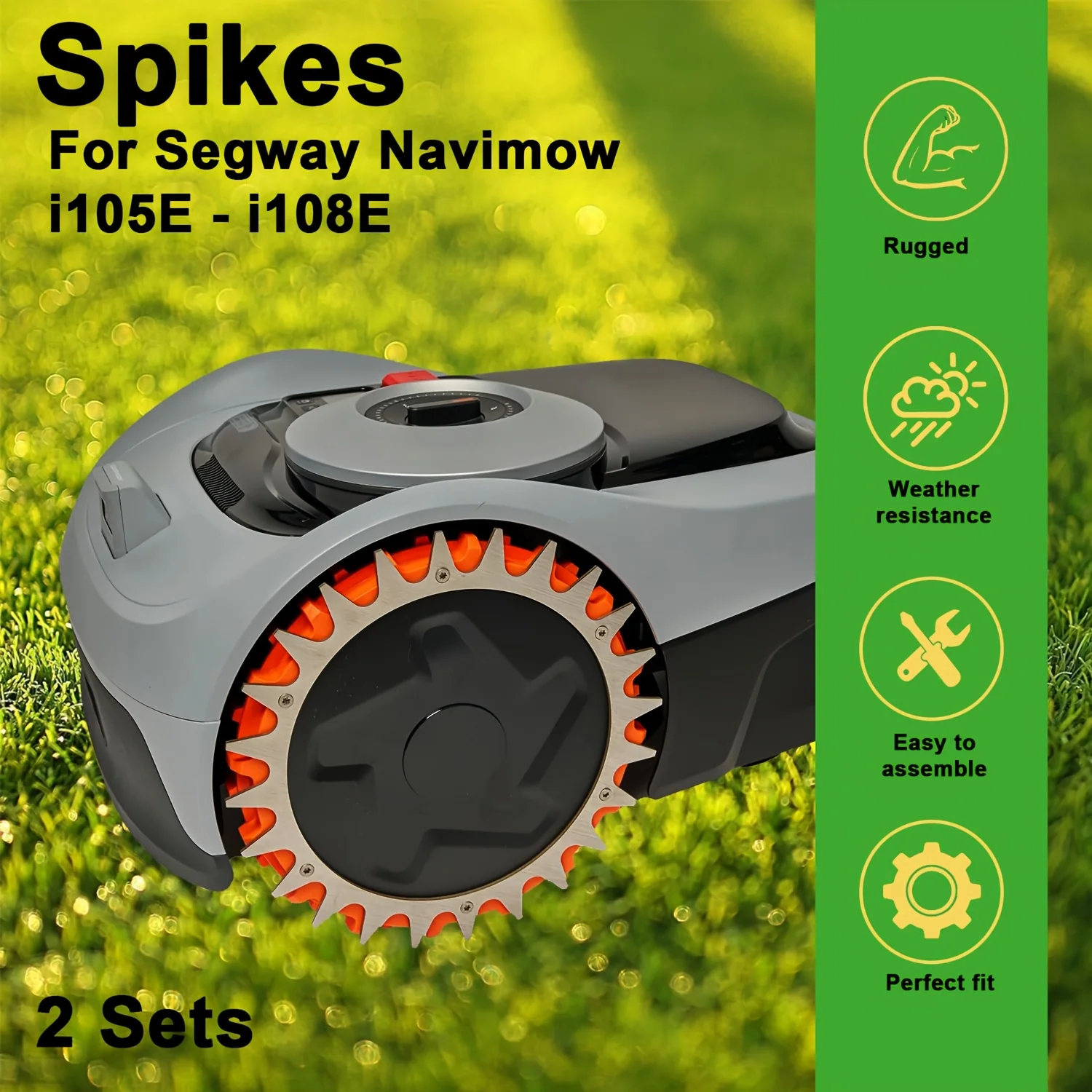 Spike set for robotic lawn mower traction upgrade, 257 mm diameter