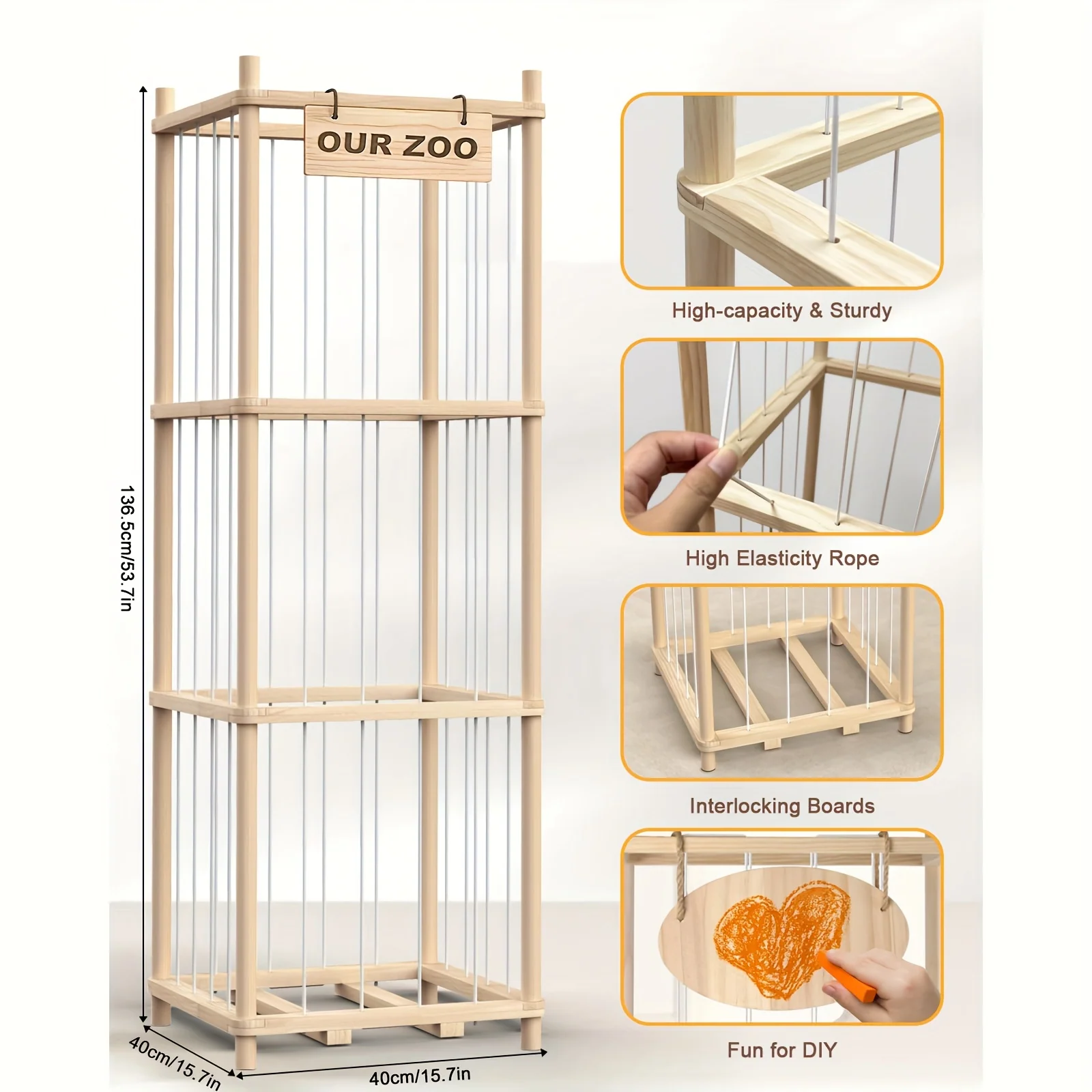 Wooden plush animal storage organizer tower with zoo-themed design