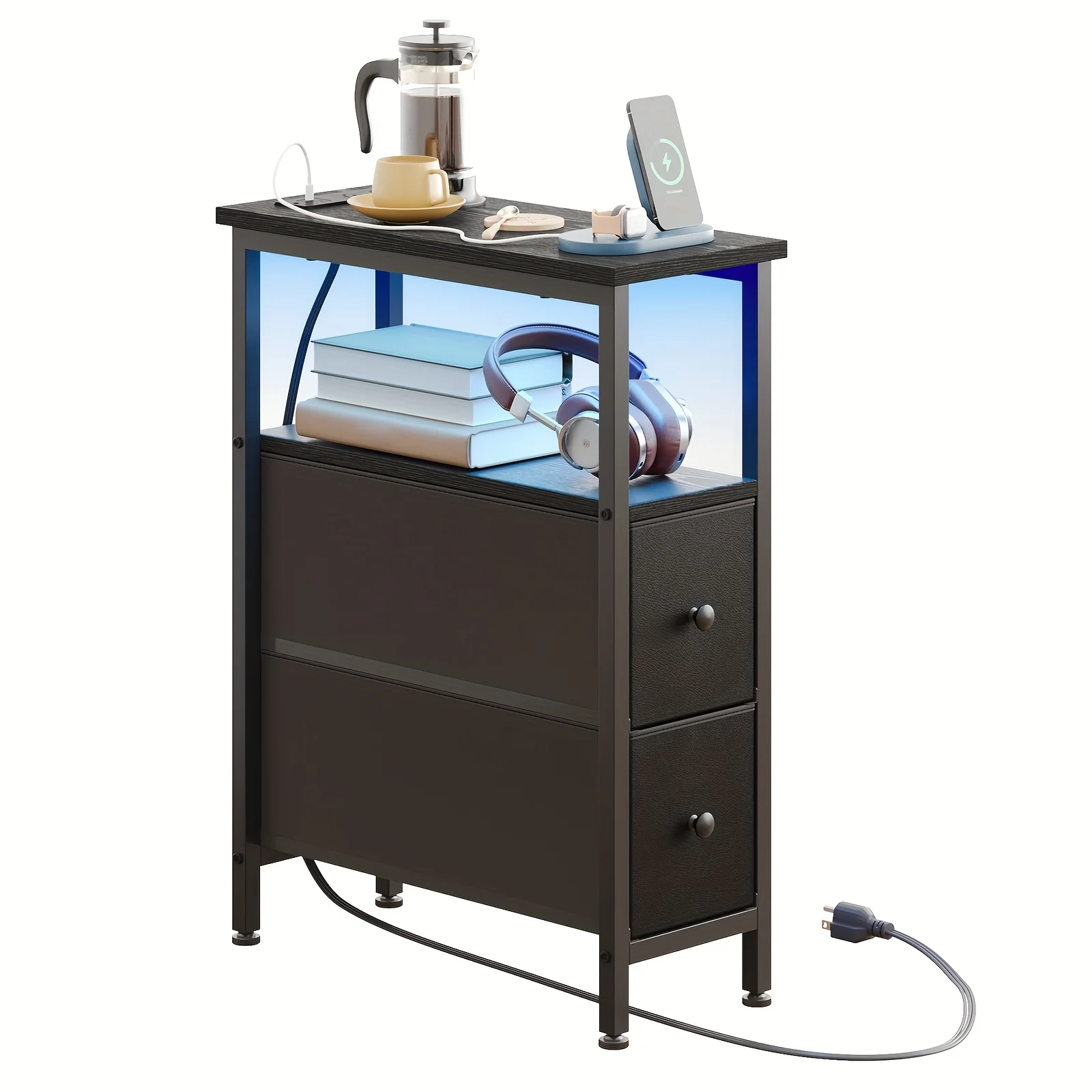 Compact nightstand with charging station and fabric storage drawers