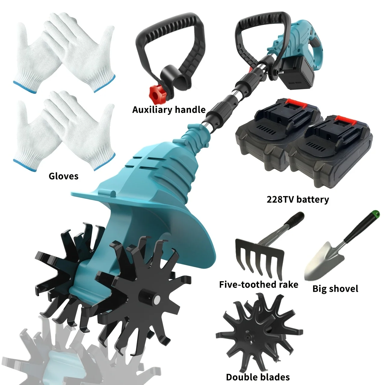 Cordless electric tiller and garden scarifier with two 3.0Ah batteries