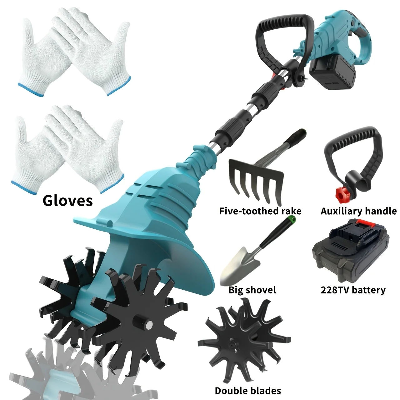 Cordless electric tiller and garden scarifier with two 3.0Ah batteries