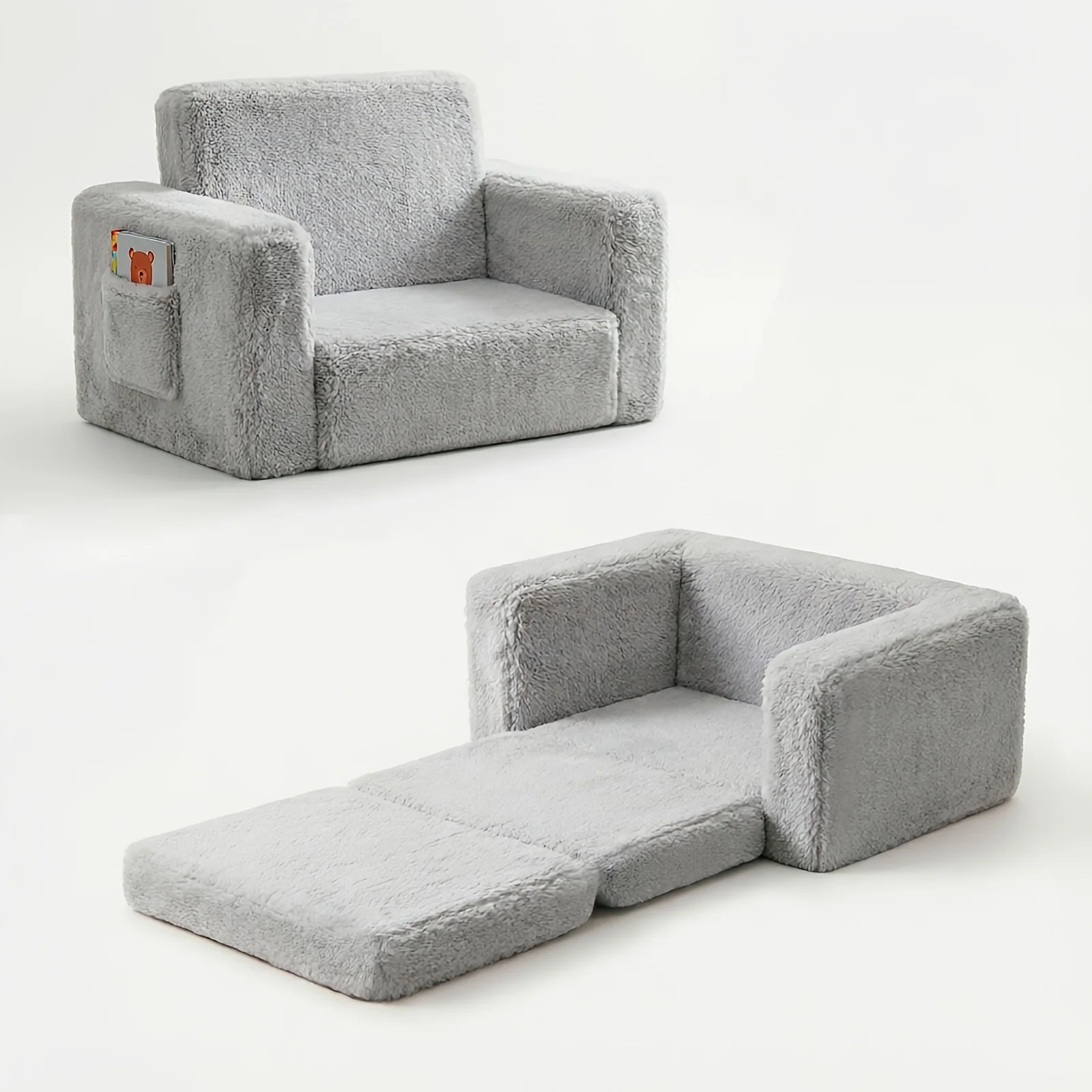 Convertible children's sofa recliner with storage pocket in plush velvet