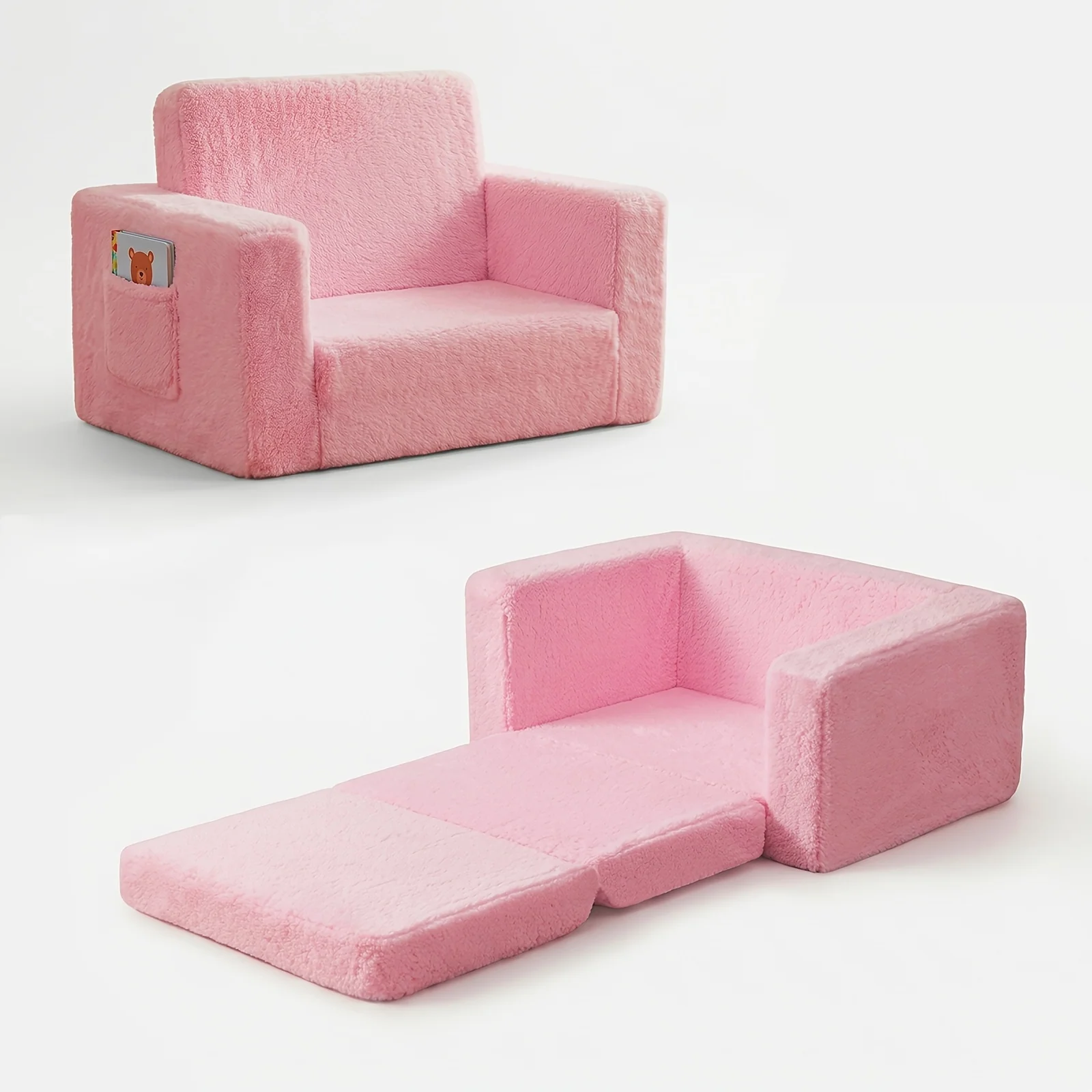 Convertible children's sofa recliner with storage pocket in plush velvet