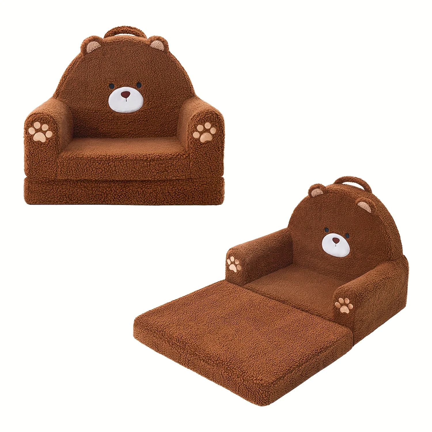 Convertible kids sofa with fold-out lounger and soft sherpa upholstery