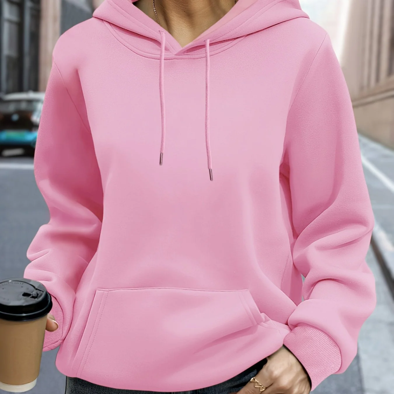 Plus Size Women's Solid Color Hooded Sweatshirt with Front Pocket