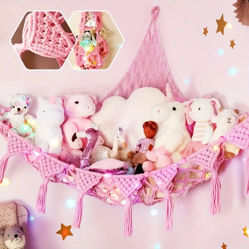 Hanging storage net for plush toys with LED light, three colors