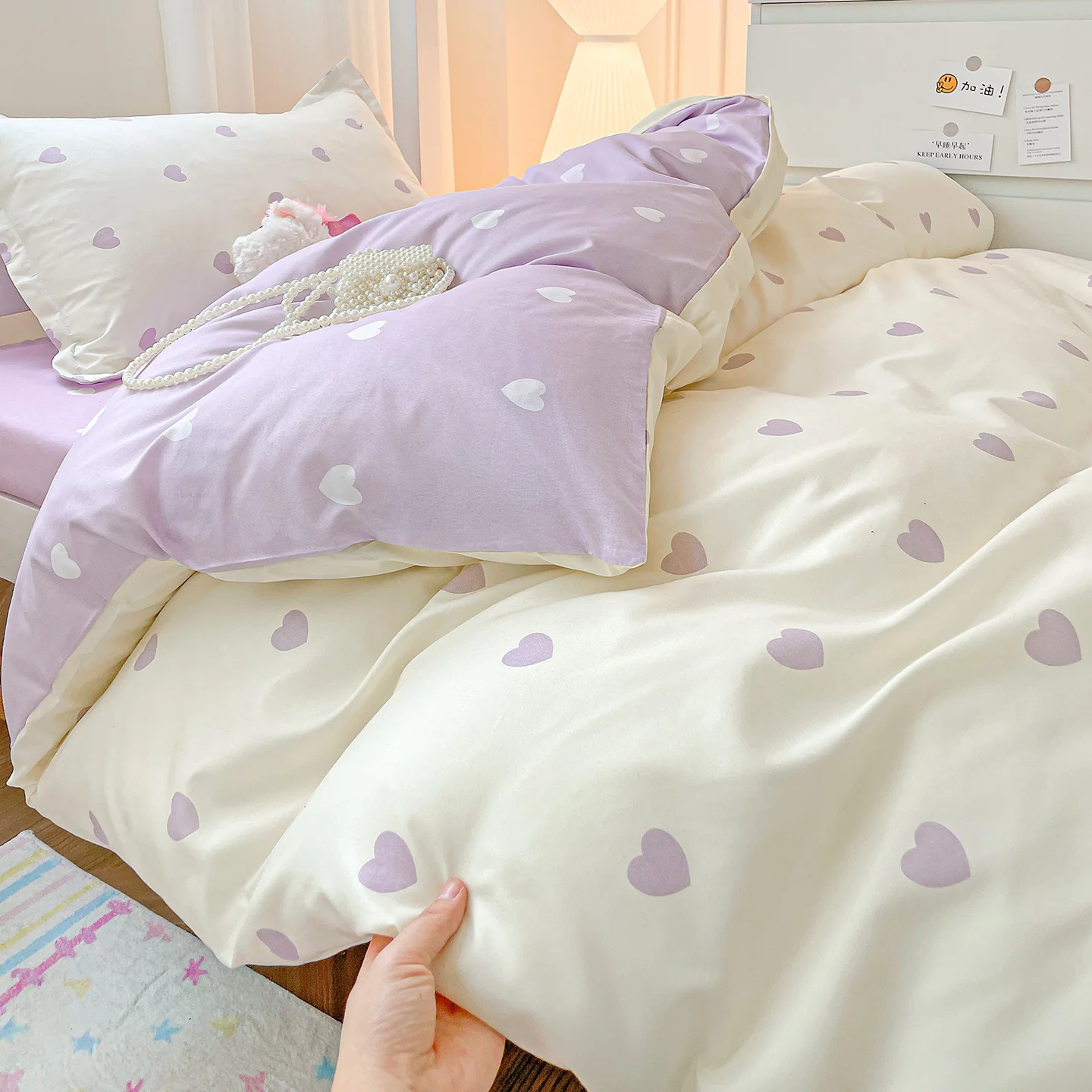 Minimalist purple heart-pattern duvet cover and pillowcases set