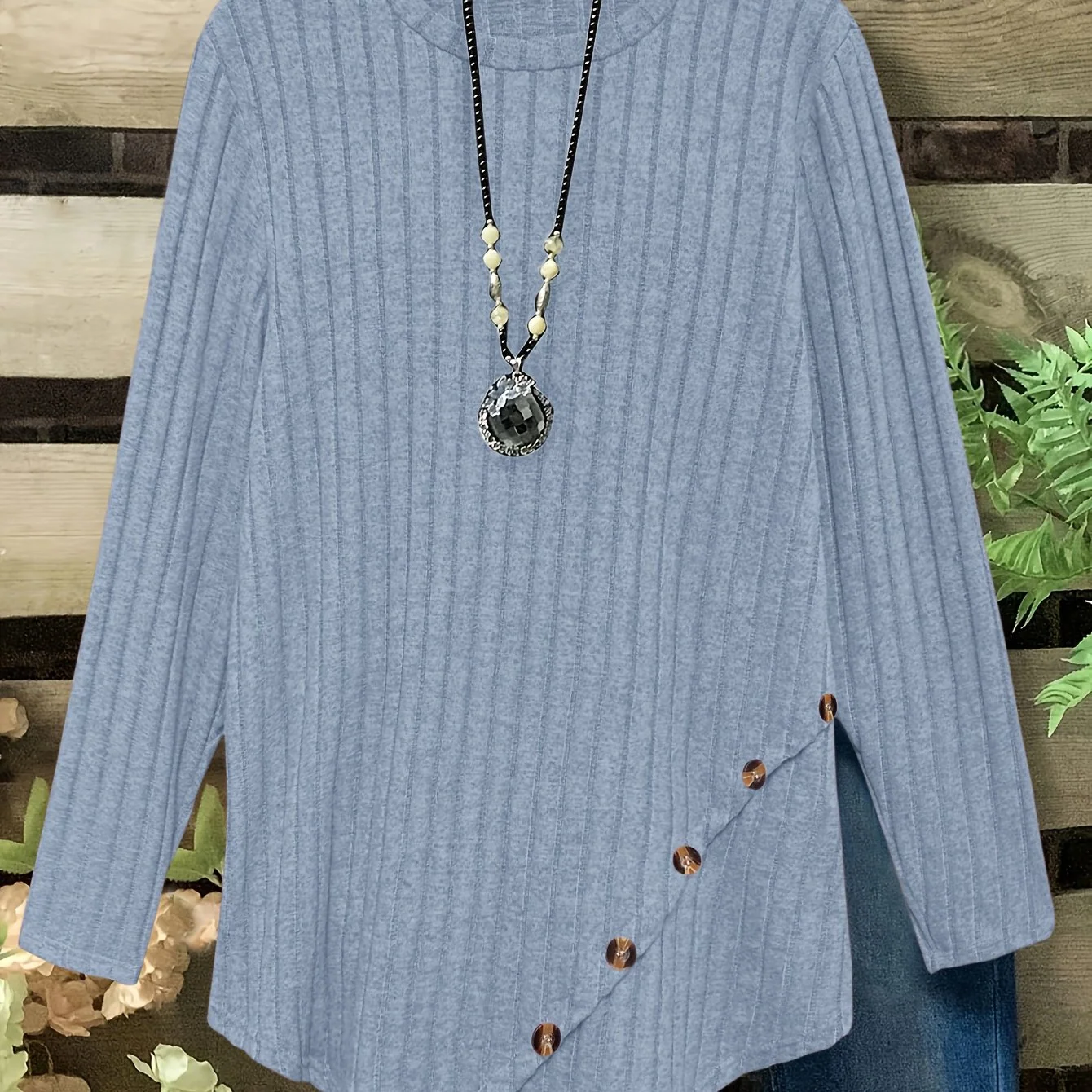 Plus size ribbed long sleeve t-shirt with asymmetrical hem