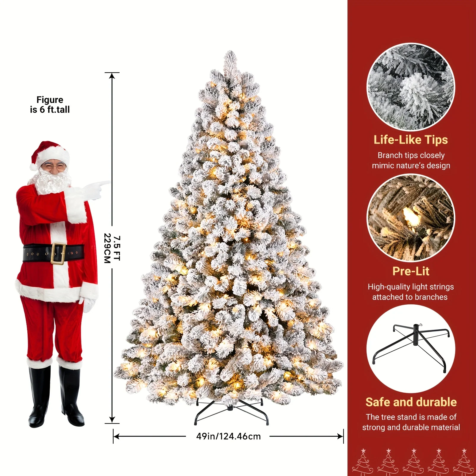 Snow flocked Christmas tree with warm lights and foldable base