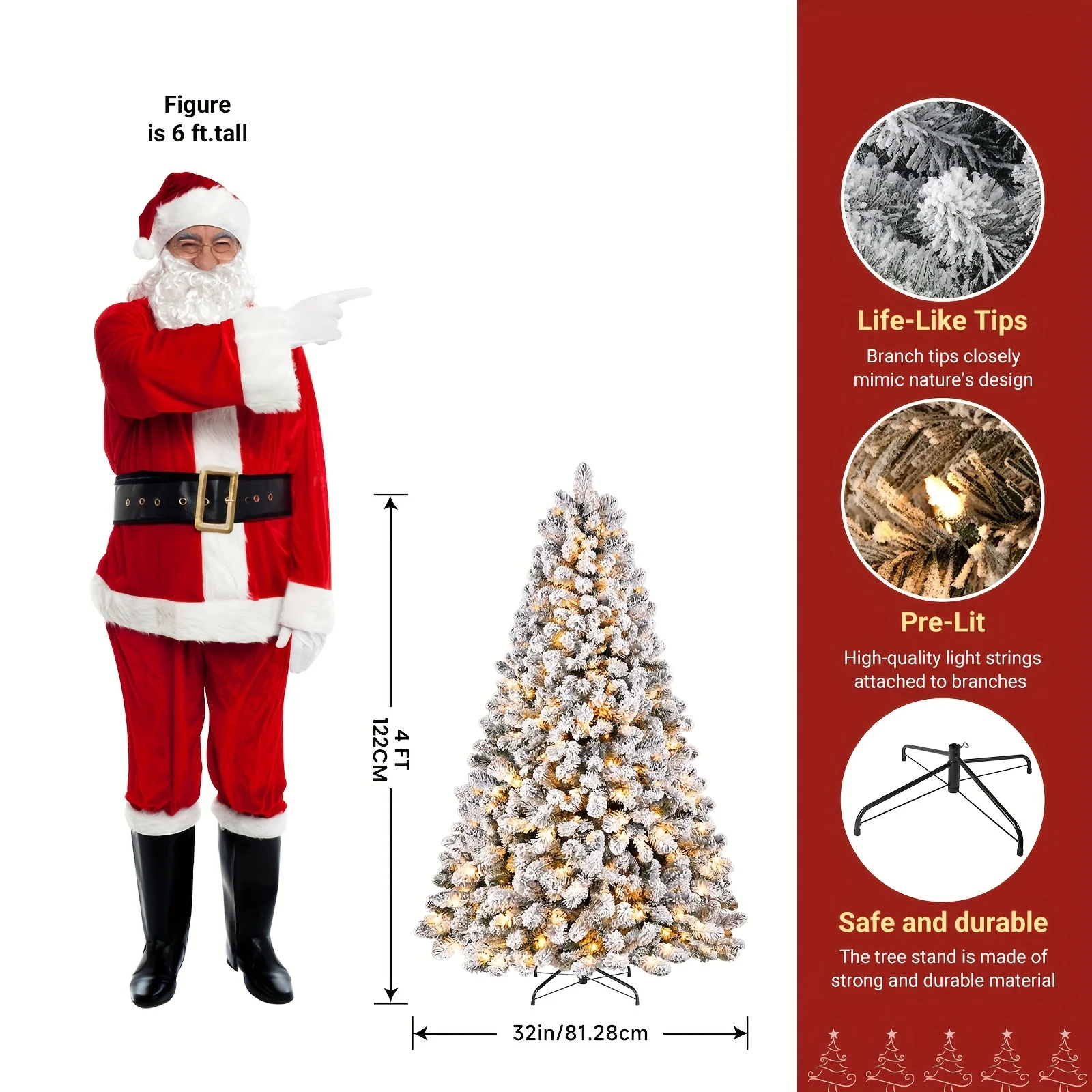 Snow flocked Christmas tree with warm lights and foldable base