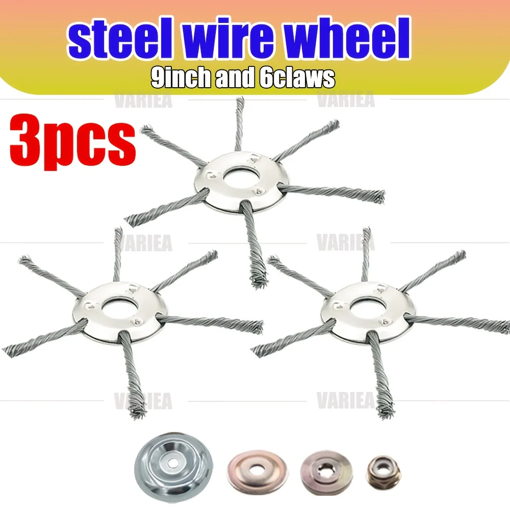 Set of three 9-inch claw wire brushes with mounting accessories for lawn mowers