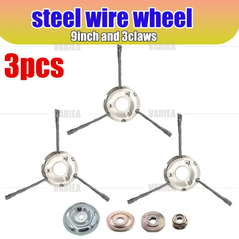 Set of three 9-inch claw wire brushes with mounting accessories for lawn mowers