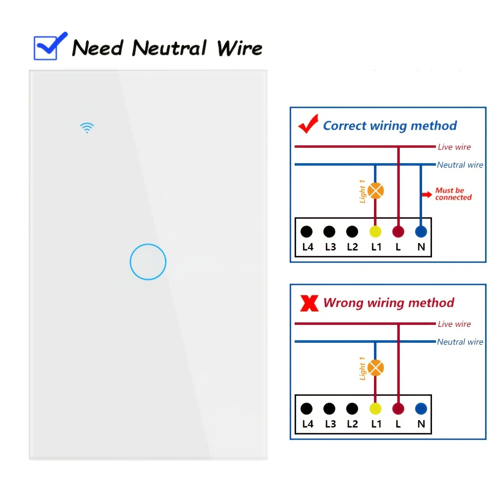 Premium Scratch‑Resistant Glass Smart Wall Switch – WiFi & Bluetooth Touch Screen, Voice Control, 1‑4 Gang, 600 W per Gang, Neutral Required