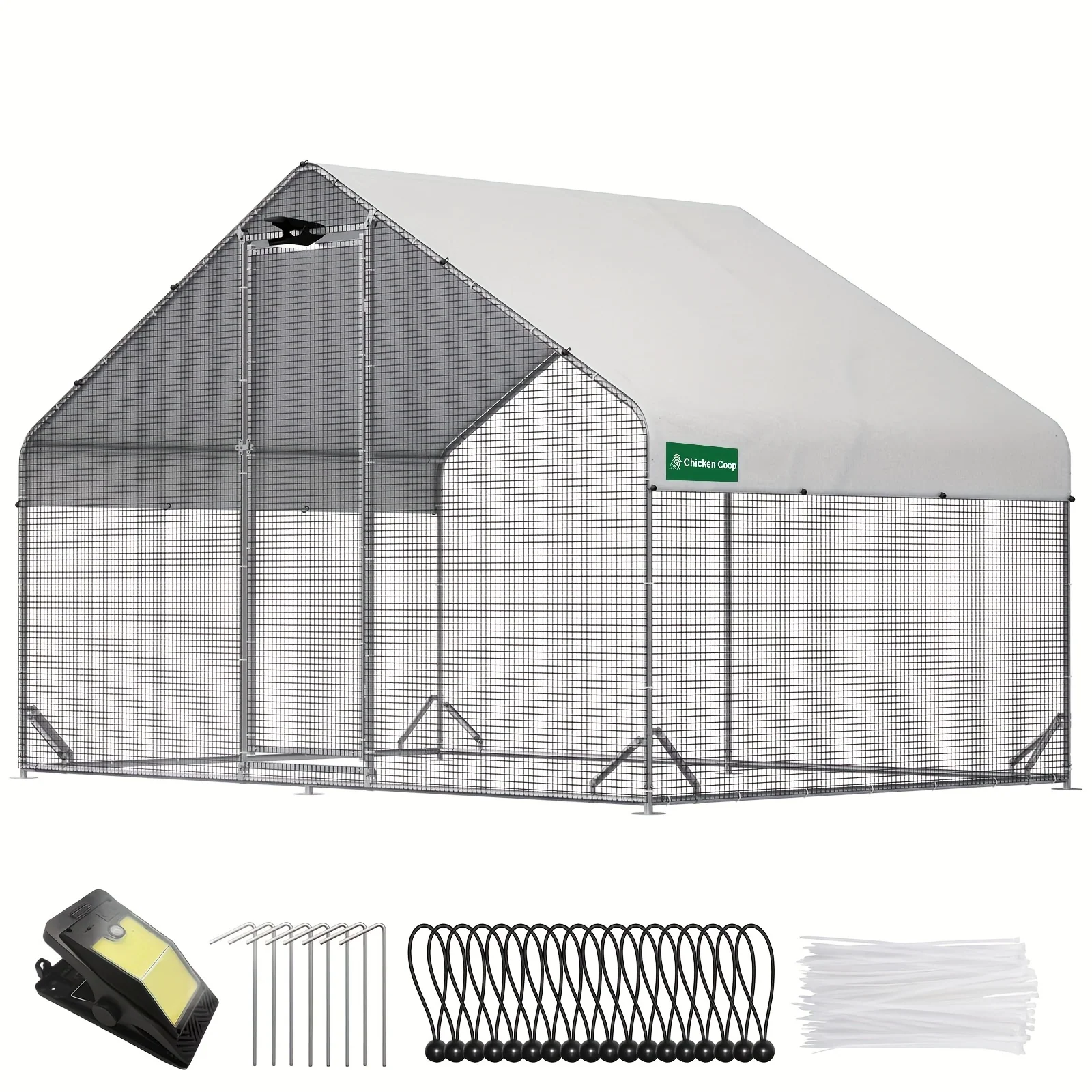 Walk-in metal chicken coop with attached run and solar-powered lighting