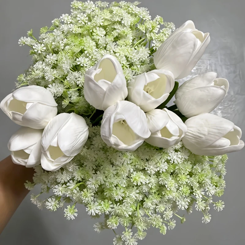50-piece artificial white tulip bouquet with realistic petals and foliage